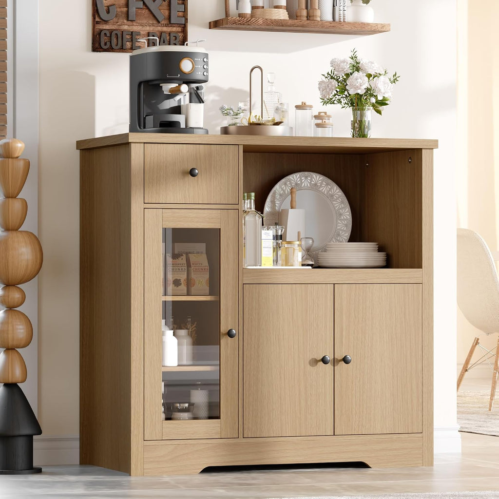 Senfot Kitchen Microwave Cabinet with Storage and Drawers, Modern Small Buffet Cabinet with Glass Doors and Adjustable Shelf, Wooden Sideboard with Wide Top for Dining Room, Living Room, Natural