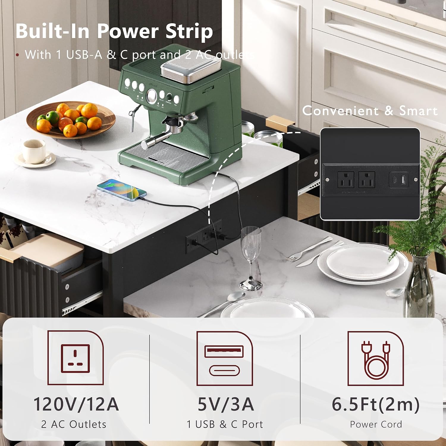 55'-82.6' Black Fluted Extendable Kitchen Island with White Faux Marble Top, Double Side Storage, 2 Drawers, Power Outlet & Spice Rack, Modern Expandable Island Table for Kitchen Dining Room Home Bar