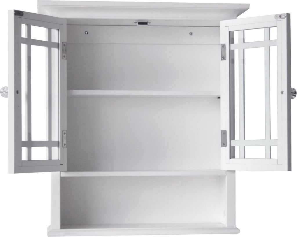 Teamson Home Neal Wooden Over The Toilet Bathroom Removable Wall Medicine Cabinet with 1 Fixed and 1 Adjustable Shelf 3 Storage Spaces 2 Glass Mosaic Doors and Crystal-Cut Acrylic Knobs, White