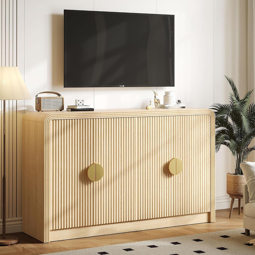 Decofy 55' Buffet Sideboard Cabinet, Mid Century Modern Console Cabinet with Wavy Grain Doors & Adjustable Shelves for Kitchen Cabinets, Living Room, Entryway, Coffee Bar Cabinet, Natural Oak