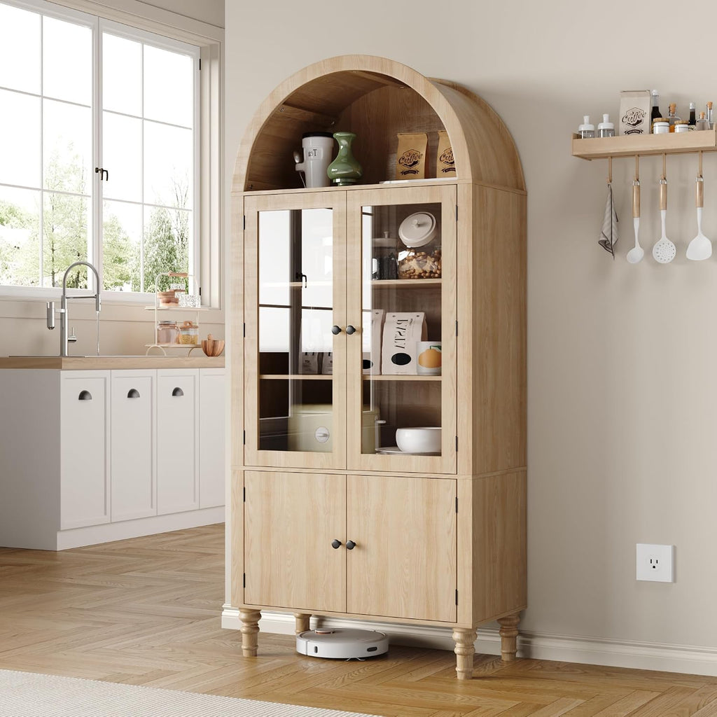 Furnify 71' Tall Arched Pantry Cabinet, Modern Kitchen Storage Cabinet with Doors, 3 Adjustable Shelves, Door Shelves, Organizer, Versatile Cupboard for Kitchen, Bathroom, Natural