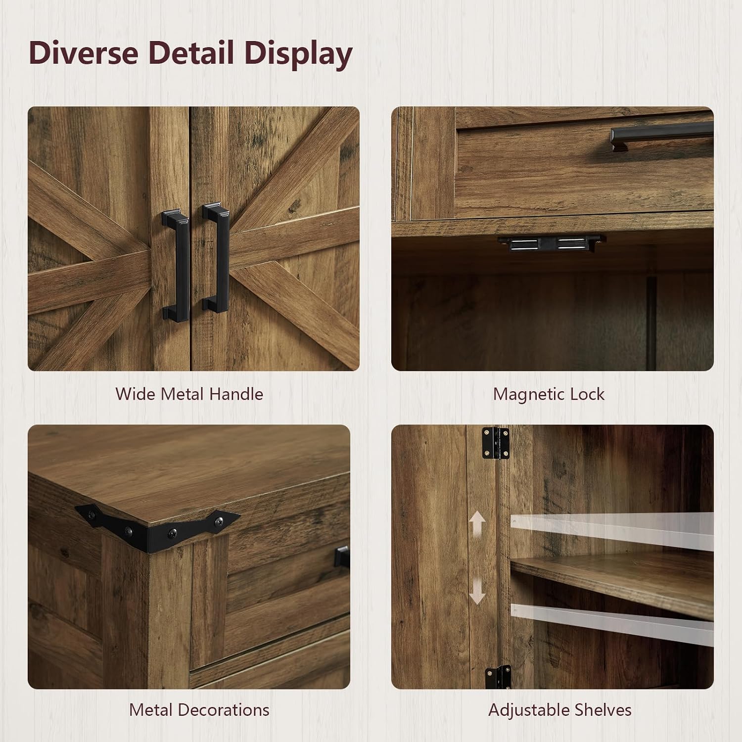 usikey 61' Large Buffet Cabinet with 4 Doors and 3 Drawers, Farmhouse Buffet Sideboard Cabinet with Storage, Coffee Bar Wine Bar for Living Room, Honey Brown