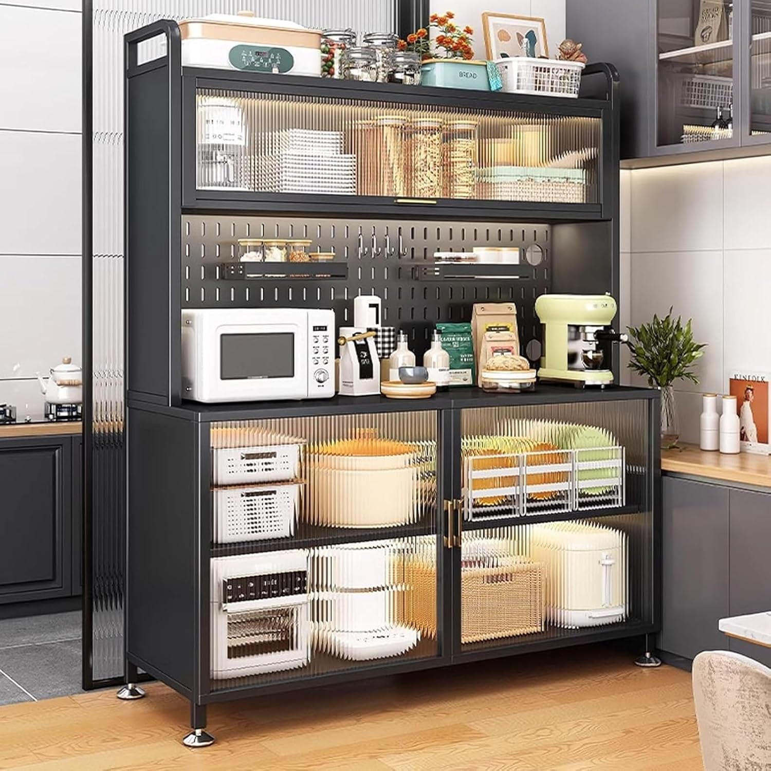 JKGHK 5-Tier Kitchen Baker's Rack, Microwave Stand with Flip Door Cabinet, Kitchen Hutch Storage Cabinets with Pegboard, Sideboard Buffet Cabinet for Garage Pantry Home(Black,70cm/27.5in)