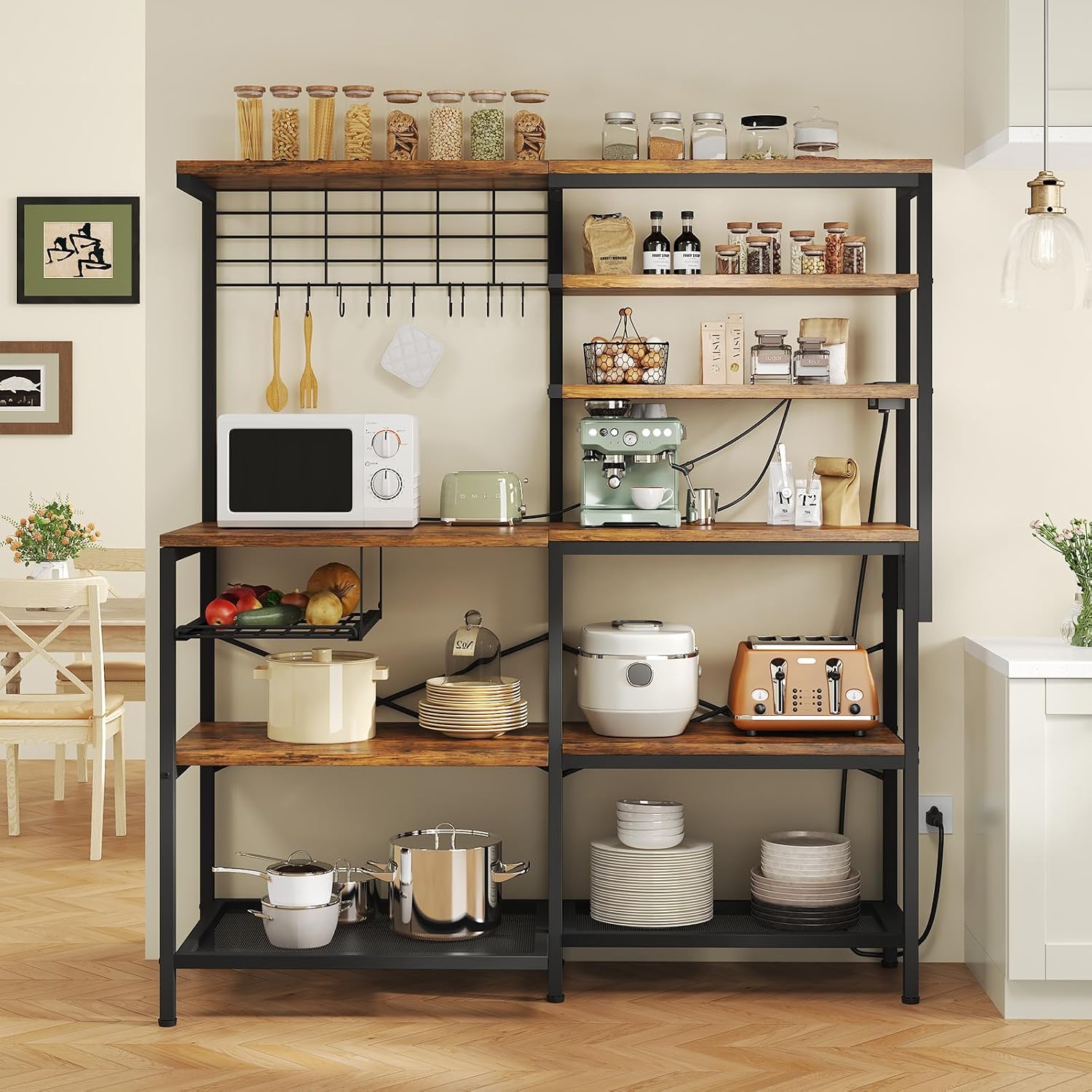 L-Shaped Bakers Rack with Power Outlet, 6-Tier Microwave Stand with Open Storage, Coffee Bar with Hooks, Mesh Grid, Kitchen Shelf with Wire Basket, Rustic Brown and Black