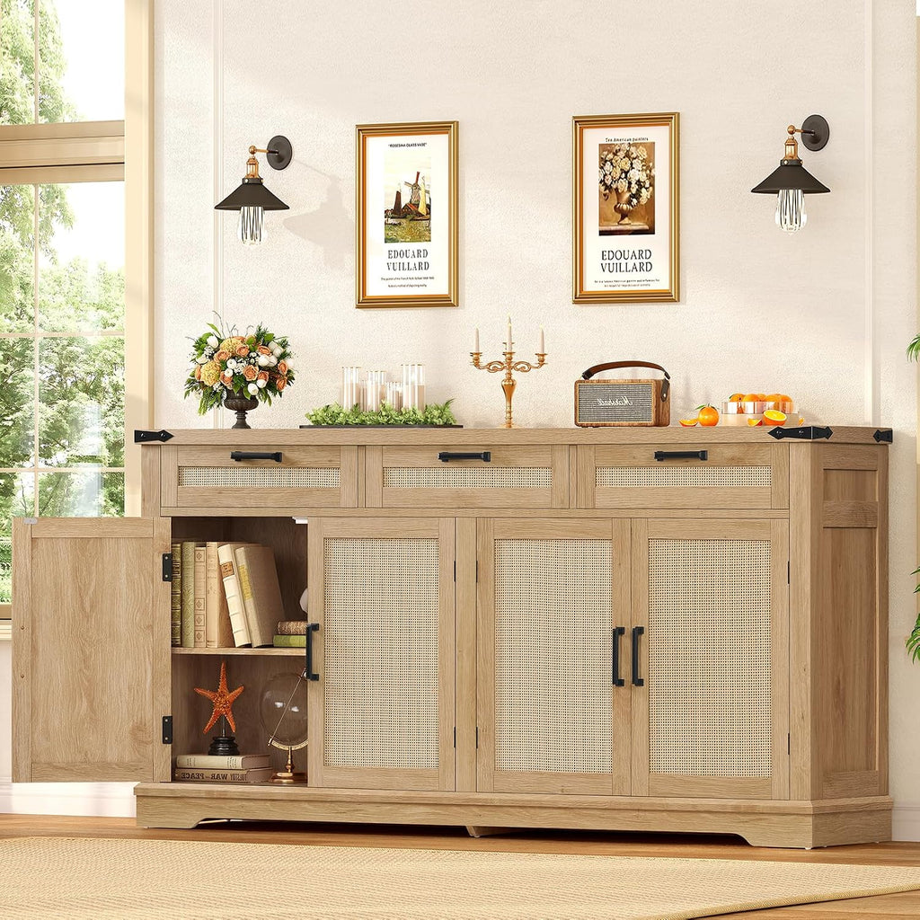 usikey 61' Large Buffet Cabinet with Storage, Sideboard Cabinet with 4 Doors and 3 Drawers, Farmhouse Buffet Table, Dining Room Storage Cabinet for Kitchen or Living Room, Natural