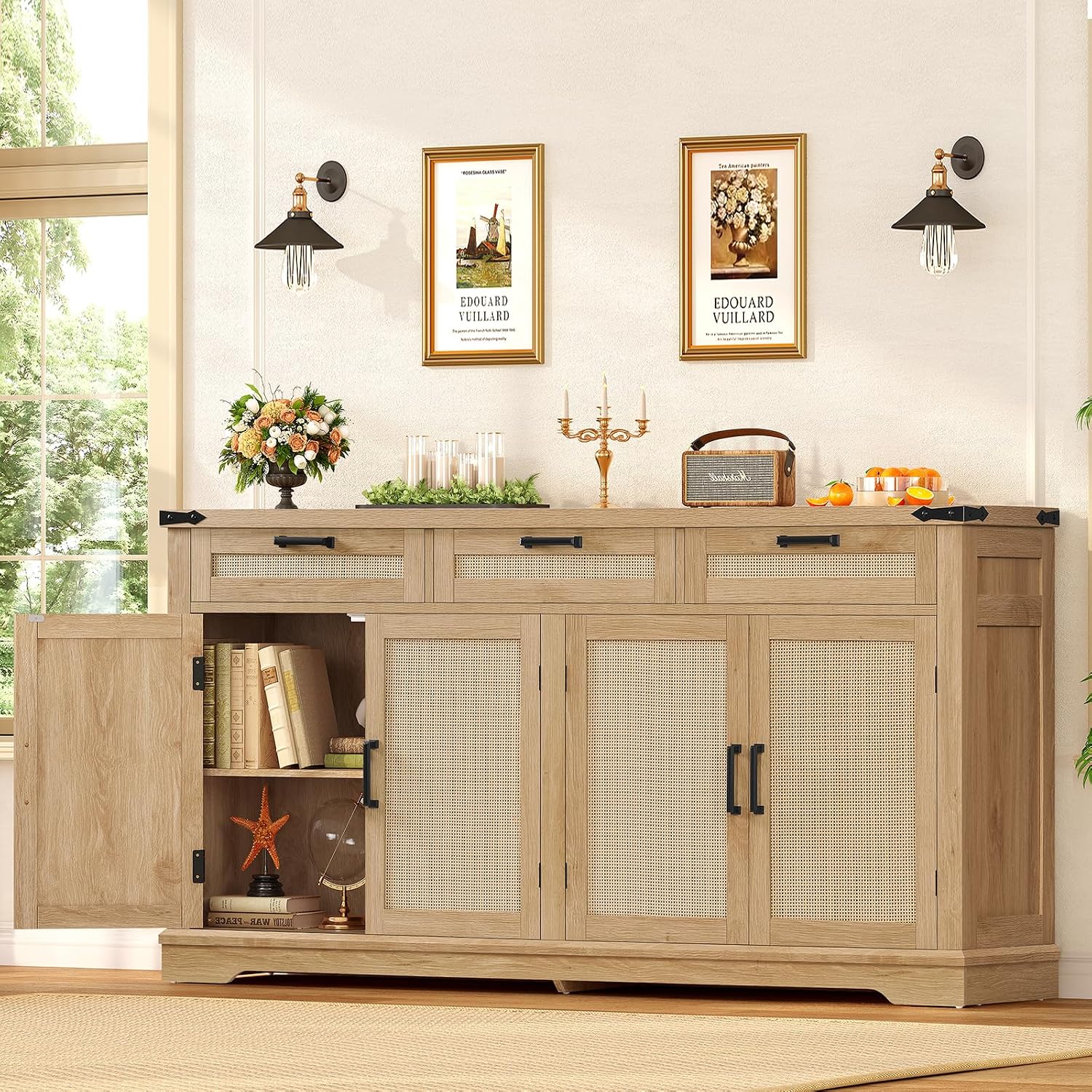 usikey 61' Large Buffet Cabinet with Storage, Sideboard Cabinet with 4 Doors and 3 Drawers, Farmhouse Buffet Table, Dining Room Storage Cabinet for Kitchen or Living Room, Natural