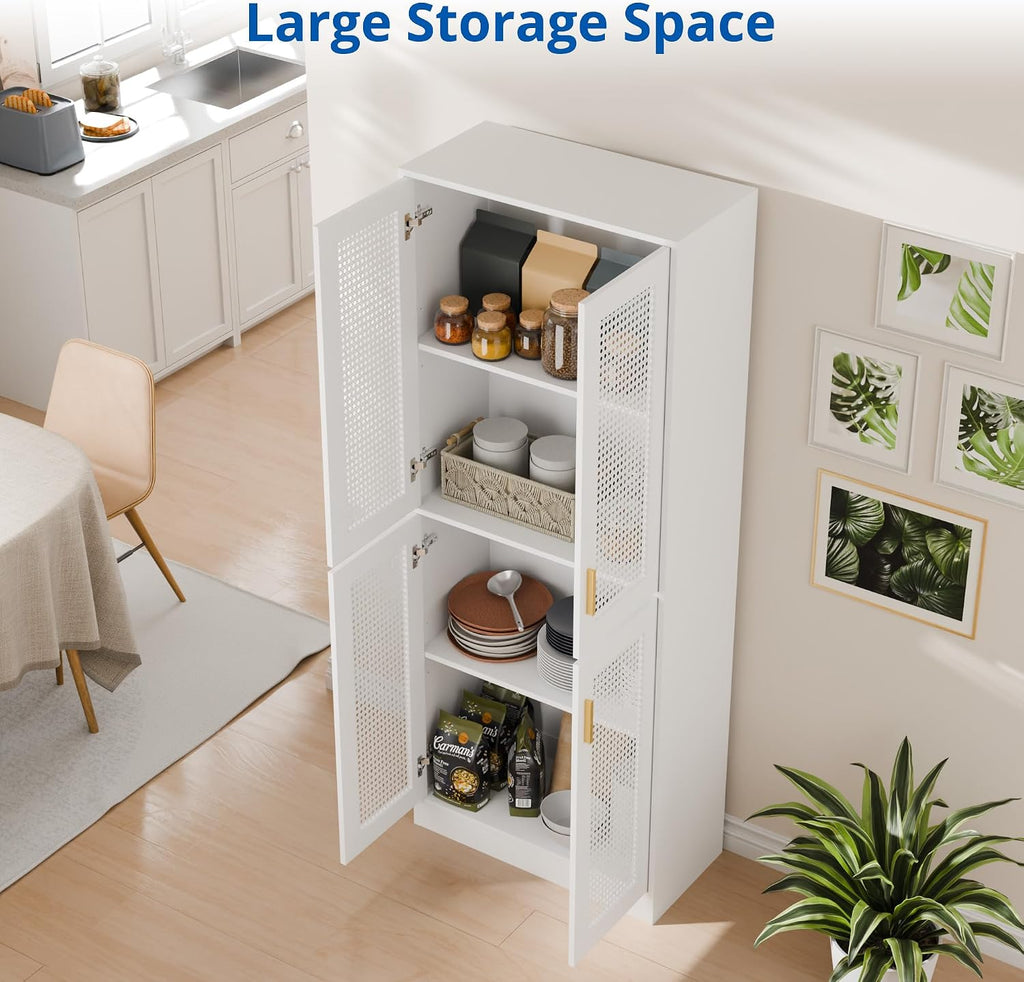 Cozy Castle Kitchen Pantry Cabinet, 71' Tall Rattan Doors Storage Cabinet and Adjustable Shelves, Modern Farmhouse Wood Cupboard Utility Hutch for Kitchen, Dining Room, Living Room (White)
