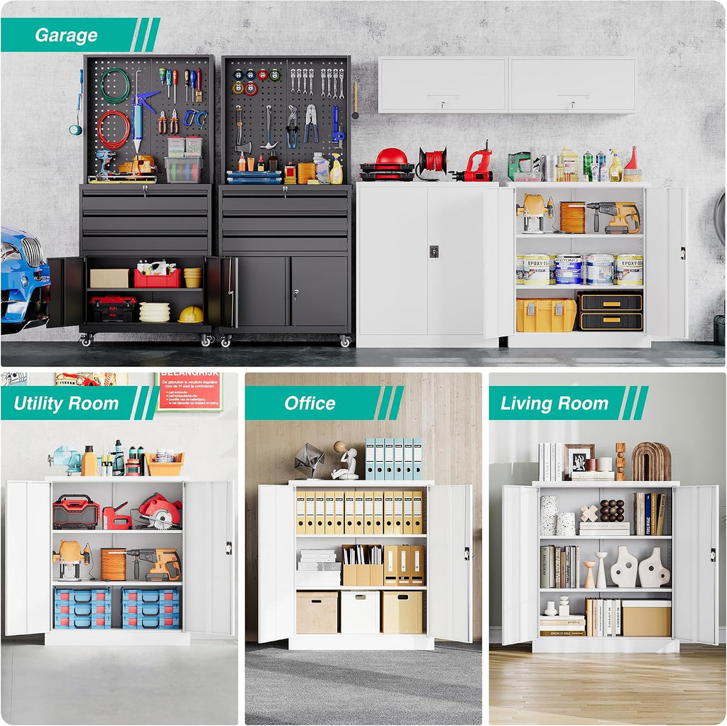 SISESOL Small Metal Cabinet with Shelves,36 inch Garage Storage Cabinet with Lock,White Metal Storage Cabinets with Locking Doors,Lockable Office File Cabinets for Home,Office,Shop,Garage