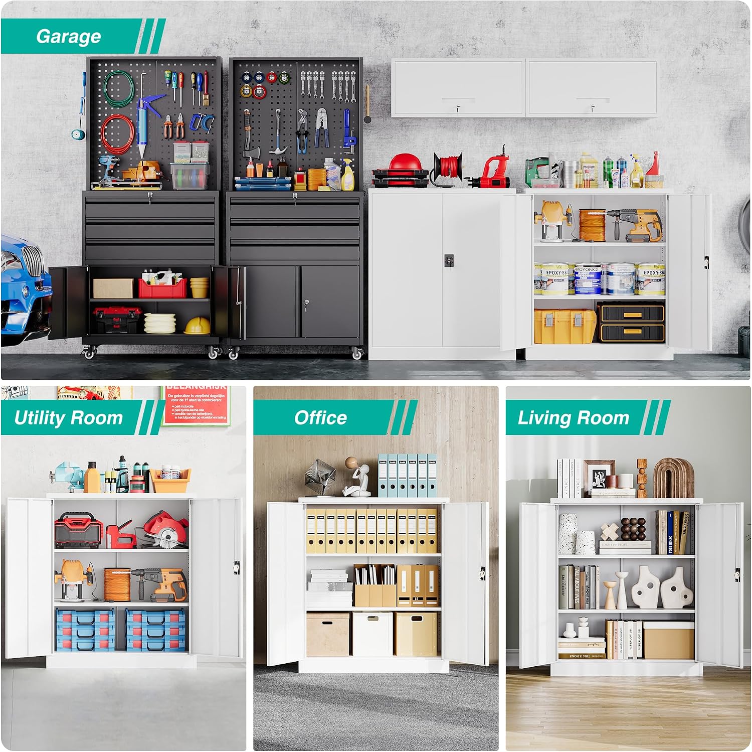 SISESOL Small Metal Cabinet with Shelves,36 inch Garage Storage Cabinet with Lock,White Metal Storage Cabinets with Locking Doors,Lockable Office File Cabinets for Home,Office,Shop,Garage