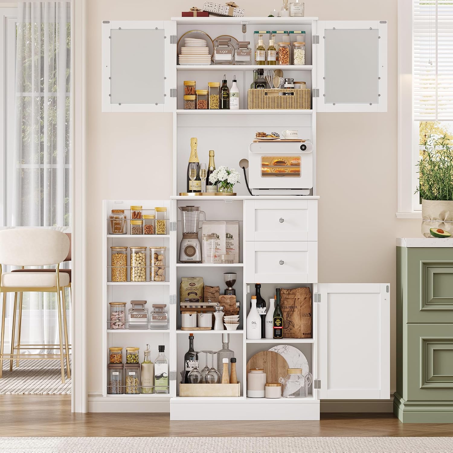 BOTLOG 72' Tall Kitchen Pantry Storage Cabinet, Kitchen Hutch Cabinet with Doors and Shelves, Modern Food Pantry with 2 Drawers for Dining Room, Living Room, White