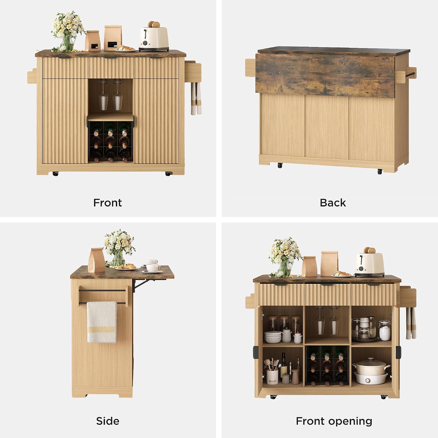 FiveWillowise Kitchen Island with Drop Leaf and Wine Cabinet, Rolling Kitchen Island on Wheels with Storage Cabinets,50' Fluted Wine Bar with 3 Drawers, and Towel Rack for Kitchen, Dining Room