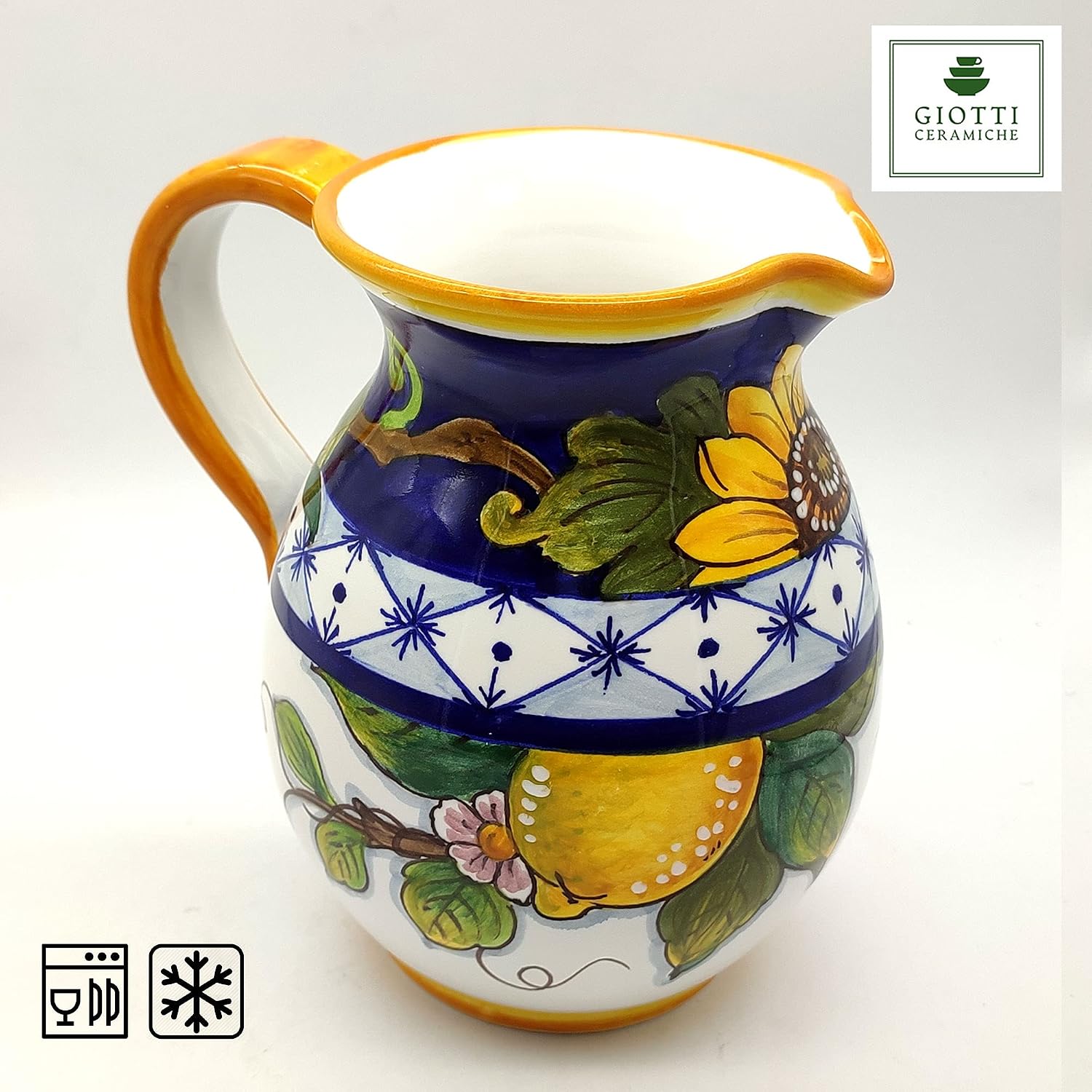 Giotti Ceramiche Italian Ceramic Pitcher Sunflower - 33 oz Hand Painted Utensil Holder or Carafe for Kitchen - Made in Italy Tuscany - Pottery Vase Jar for Wine - Home Decor Ceramics Dispenser