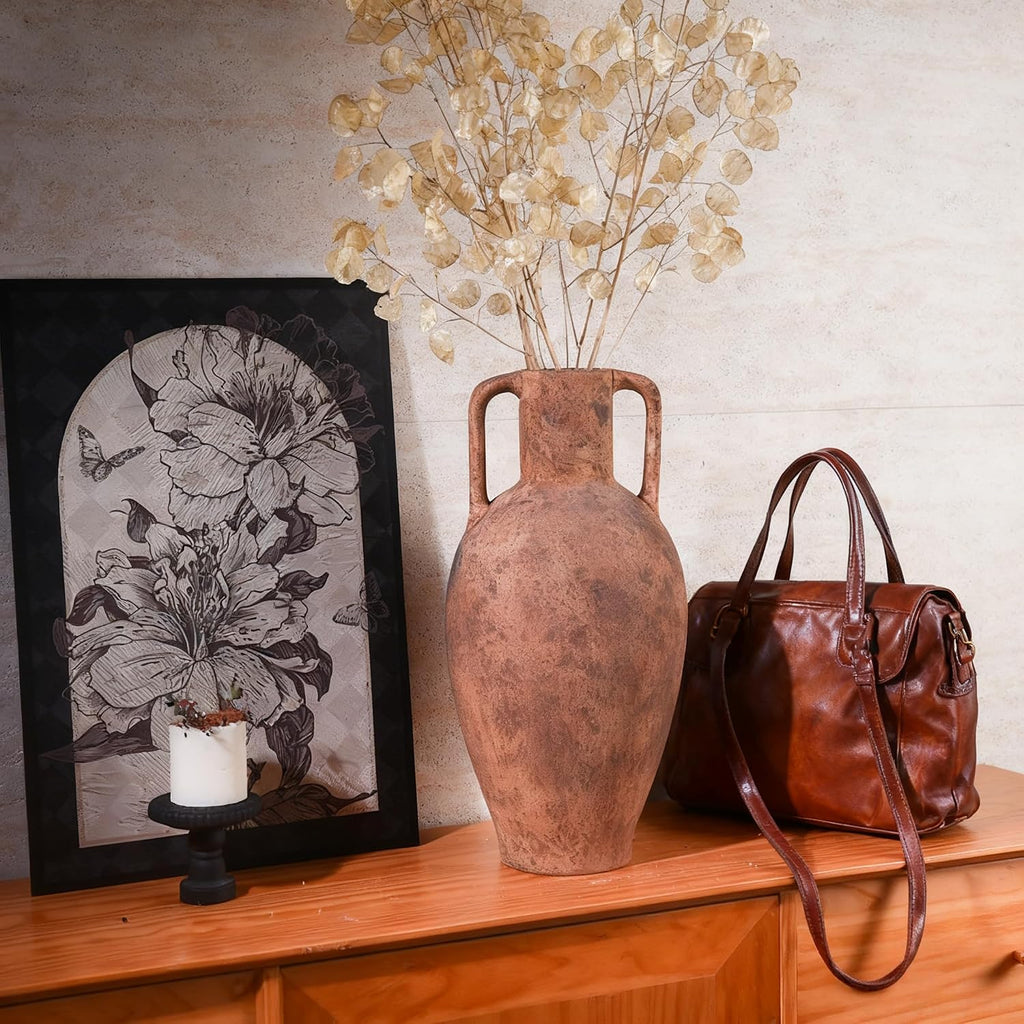 Tall Terracotta Vase，Distressed Terracotta Flower Vase with Handles for Living Room Bedroom Hotel Office Decor 20.08 in（51cm）