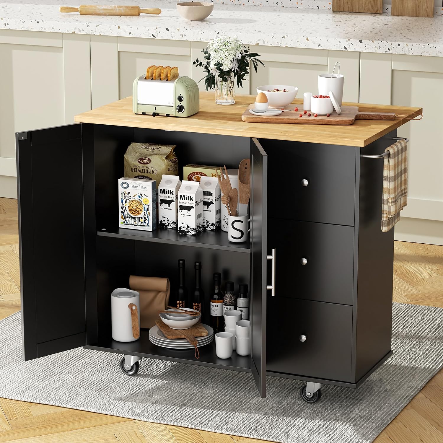 JY QAQA 40' Kitchen Island Cart Furniture cart on Wheels Rolling Portable Dining Room Serving Utility Carts Mobile Movable with Drawers Cabinet,Black