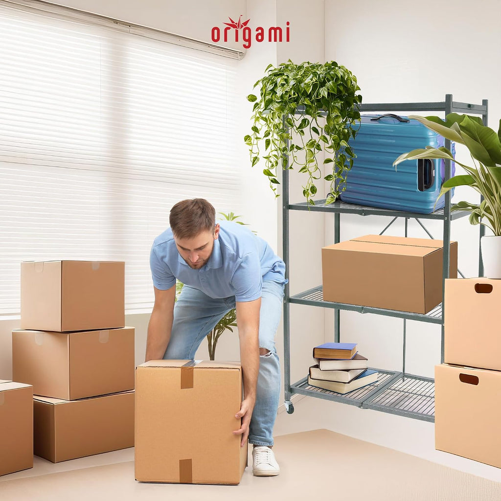 Origami R5 4-Shelf Heavy-Duty Folding Storage Rack, Pewter - Large Foldable Metal Shelving Unit with Wheels for Garage, Pantry, Basement, Laundry Room or Warehouse