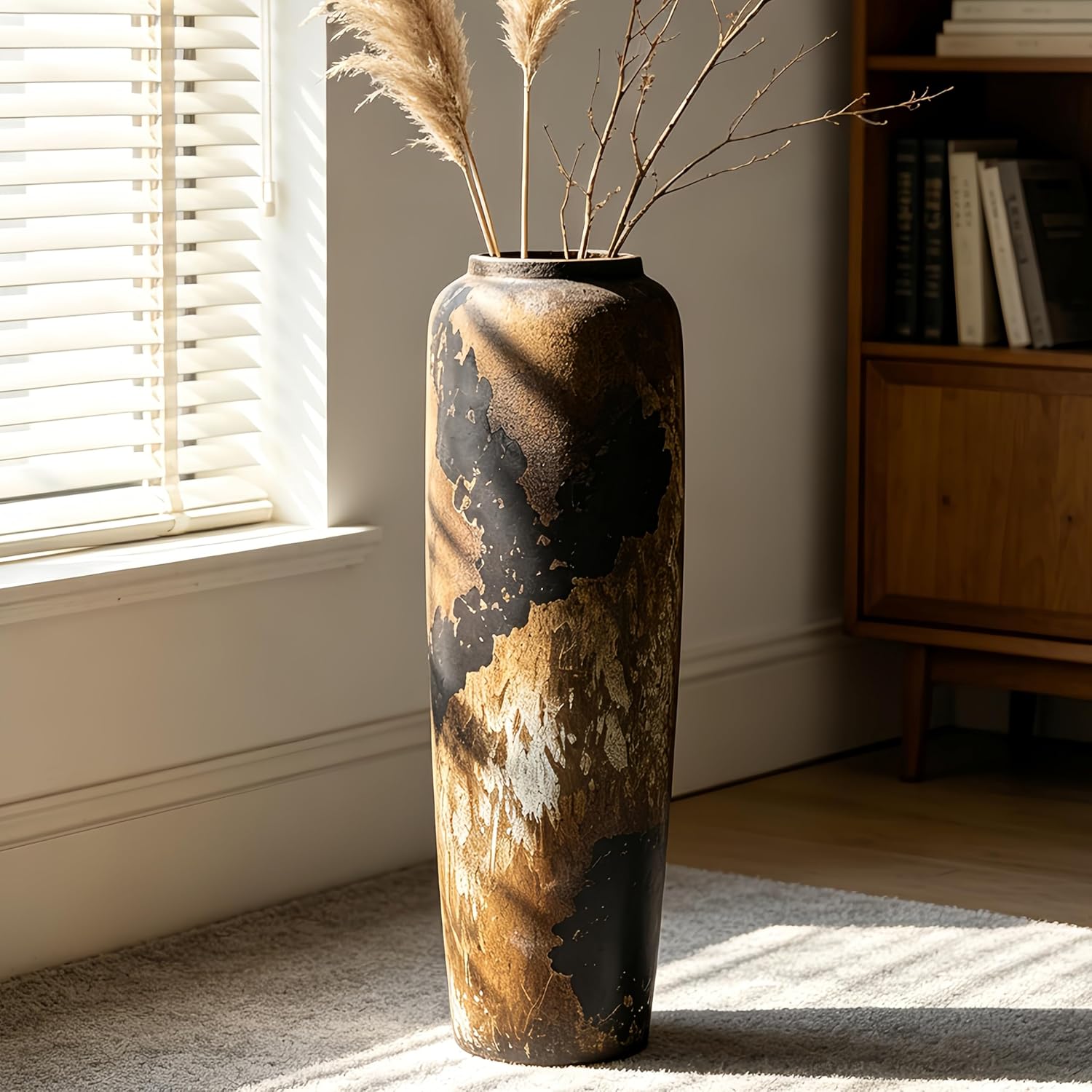 Black Rustic Ceramic Tall Floor Vase, 23.6 Inch Vintage Large Farmhouse Vase Pottery Clay Terracotta Rustic Vases for Home Decor Living Room Entryway Table Centerpieces,Kitchen,Housewarming Gifts