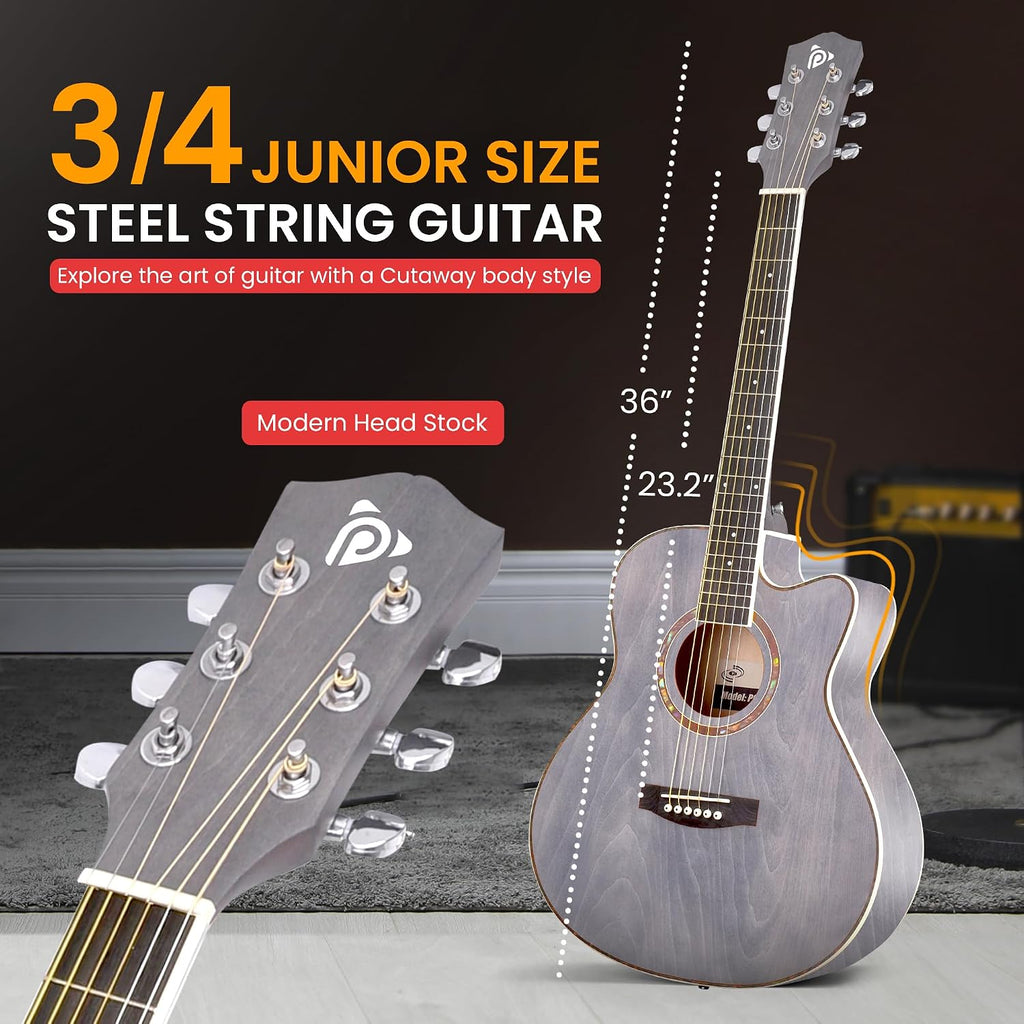 Pyle Acoustic Guitar Kit, 3/4 Junior Size All Wood Steel String Instrument for Beginner Kids, Adults, 36' Matte Gray