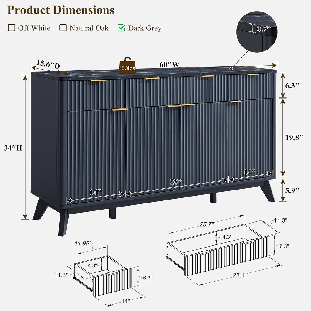 OKD 60' Fluted Buffet Sideboard Cabinet with Storage, Morden Credenza Buffet Table Coffee Bar Storage Cabinet with 4 Doors and 3 Drawers for Dining Room, Living Room,Hallway (Dark Grey)