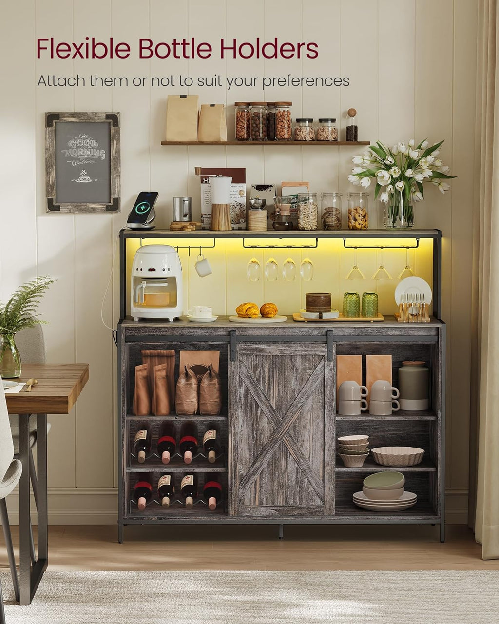 VASAGLE Coffee Bar Cabinet with Power Outlet and Voice Control LED Light, Buffet Cabinet with Sliding Barn Doors, S Hooks, Wine Glass Racks, Bottle Holders, Maple Gray ULSC201G01