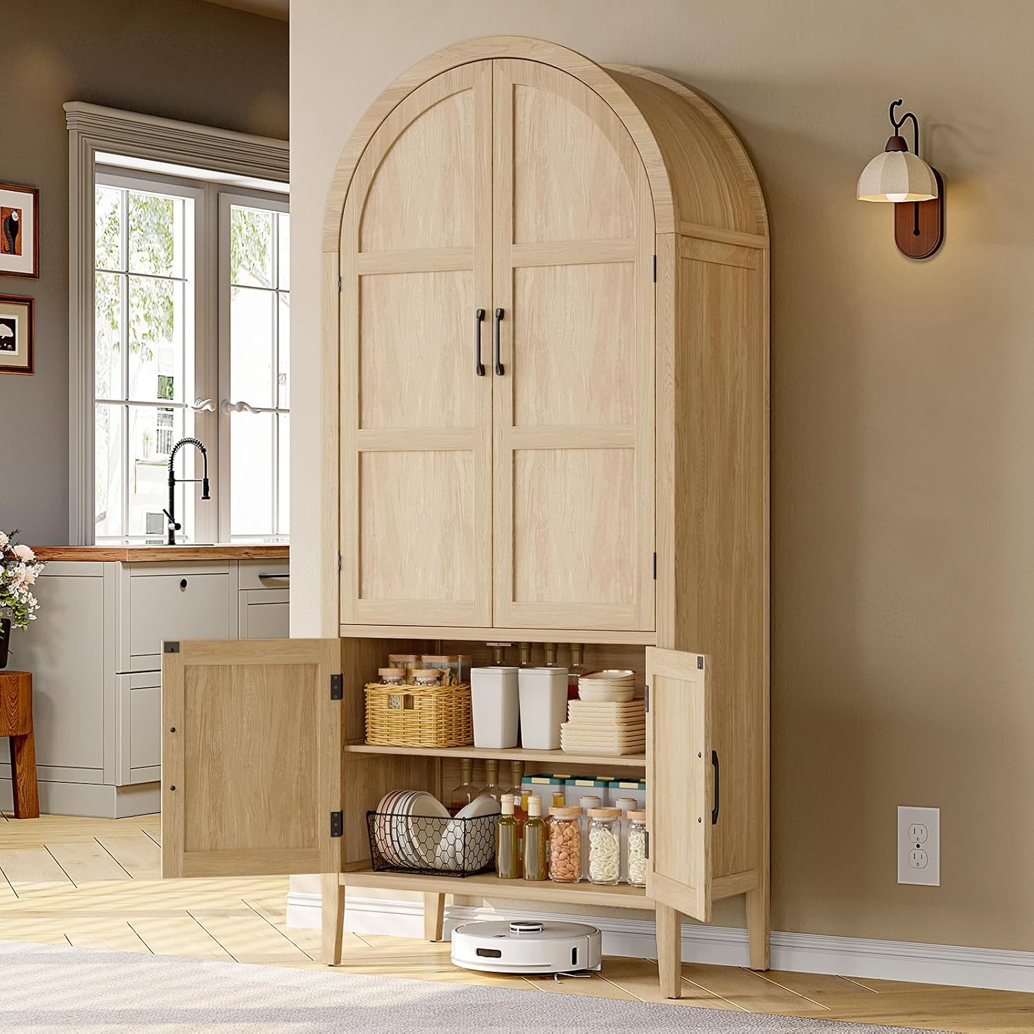 ONBRILL 71' Tall Wooden Arched Cabinet, 5-Tier Arched Kitchen Pantry Cabinet with Doors & Shelves, Farmhouse Kitchen Arch Cabinets with Adjustable Feet, Wooden Pantry Storage for Dining Room(Oak)