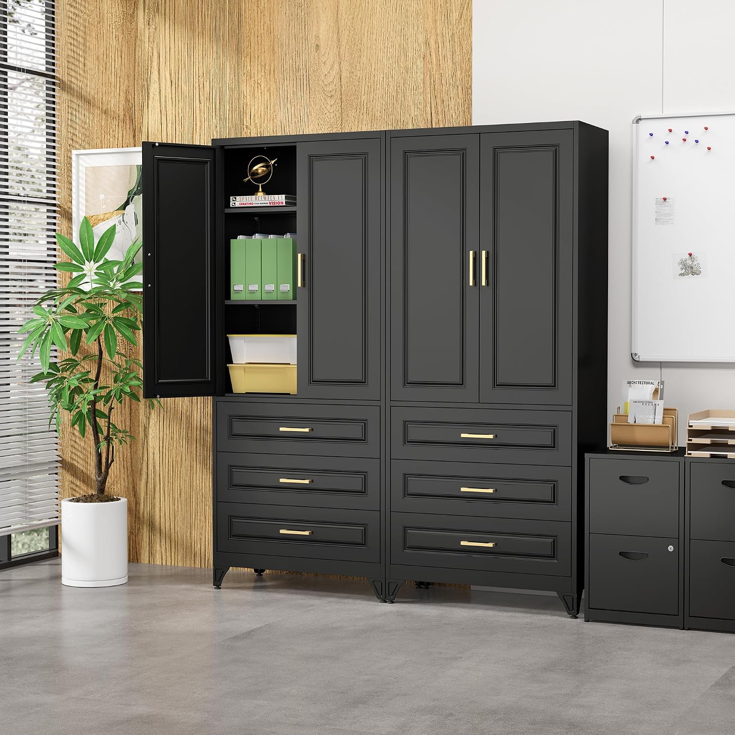 SteeLoong 75' Kitchen Pantry Cabinet with 3 Drawers,Metal Storage Cabinets with Doors and 2 Adjustable Shelves,Black Kitchen Cabinet with 2 Gold Handles,Food Cupboard for Livingroom, Bathroom,Pantry