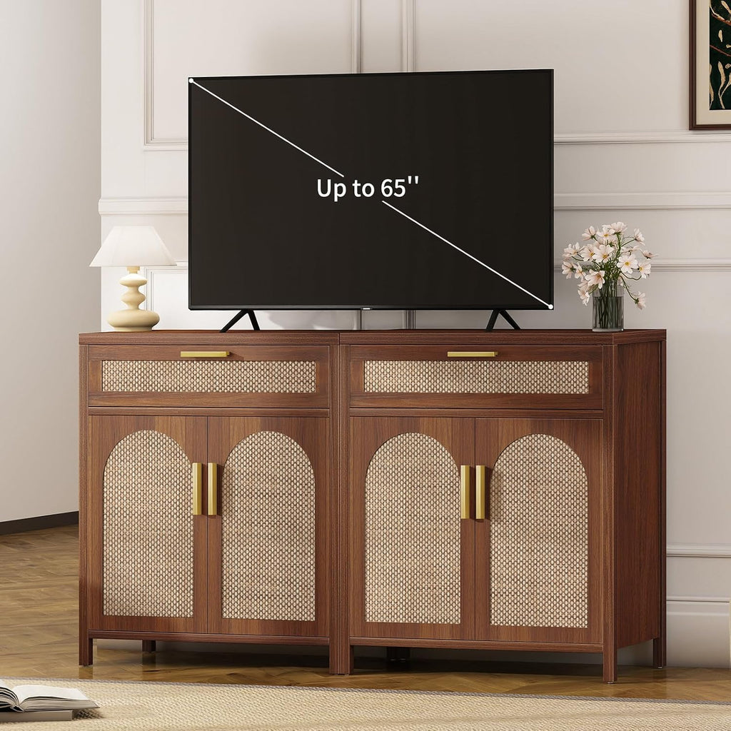 Rattan Buffet Cabinet with Storage, Sideboard Cabinet with Doors and Shelves, Accent Coffee Bar with Drawers, Farmhouse Kitchen Storage Cabinets, credenza for Entryway, Living Room Walnut