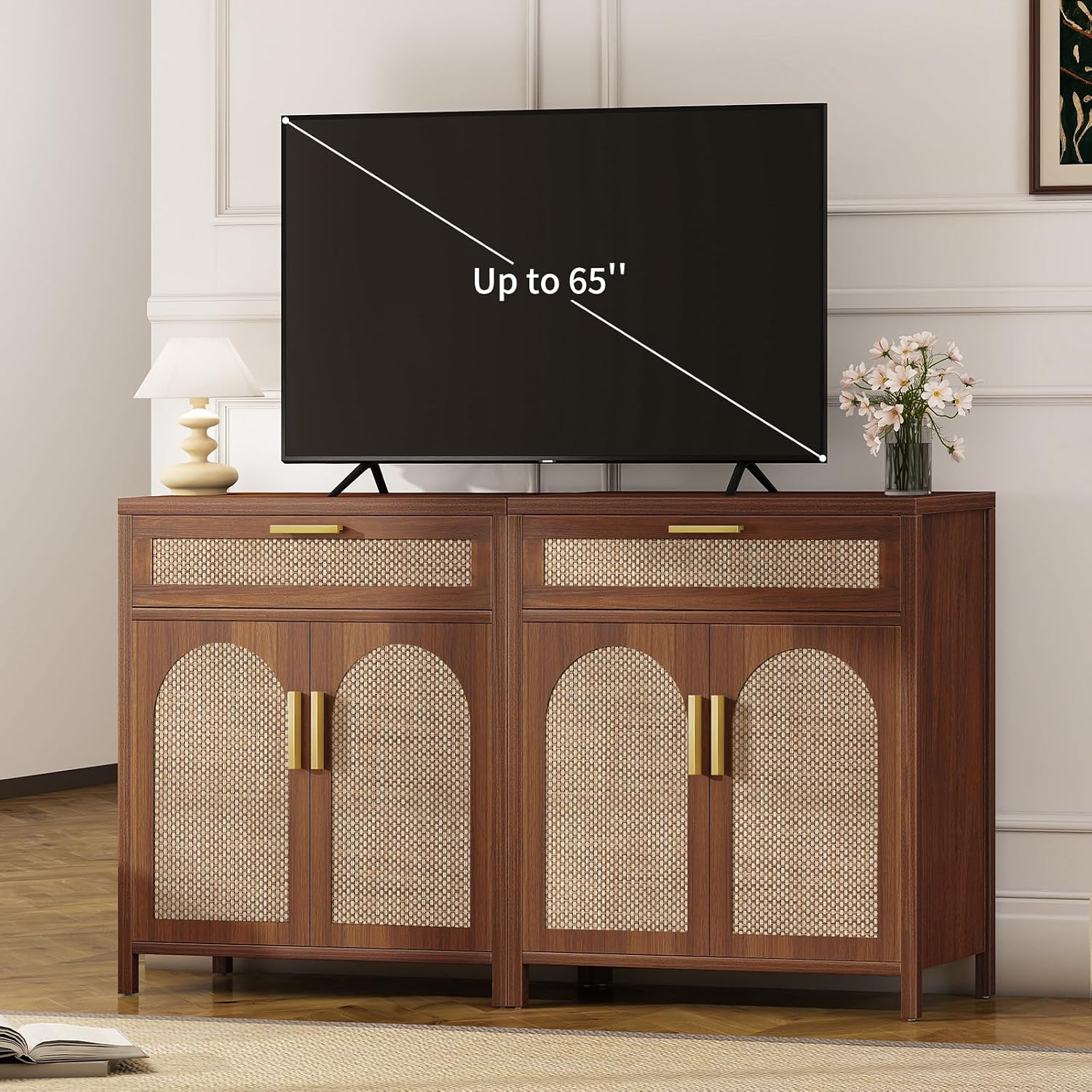 Rattan Buffet Cabinet with Storage, Sideboard Cabinet with Doors and Shelves, Accent Coffee Bar with Drawers, Farmhouse Kitchen Storage Cabinets, credenza for Entryway, Living Room Walnut