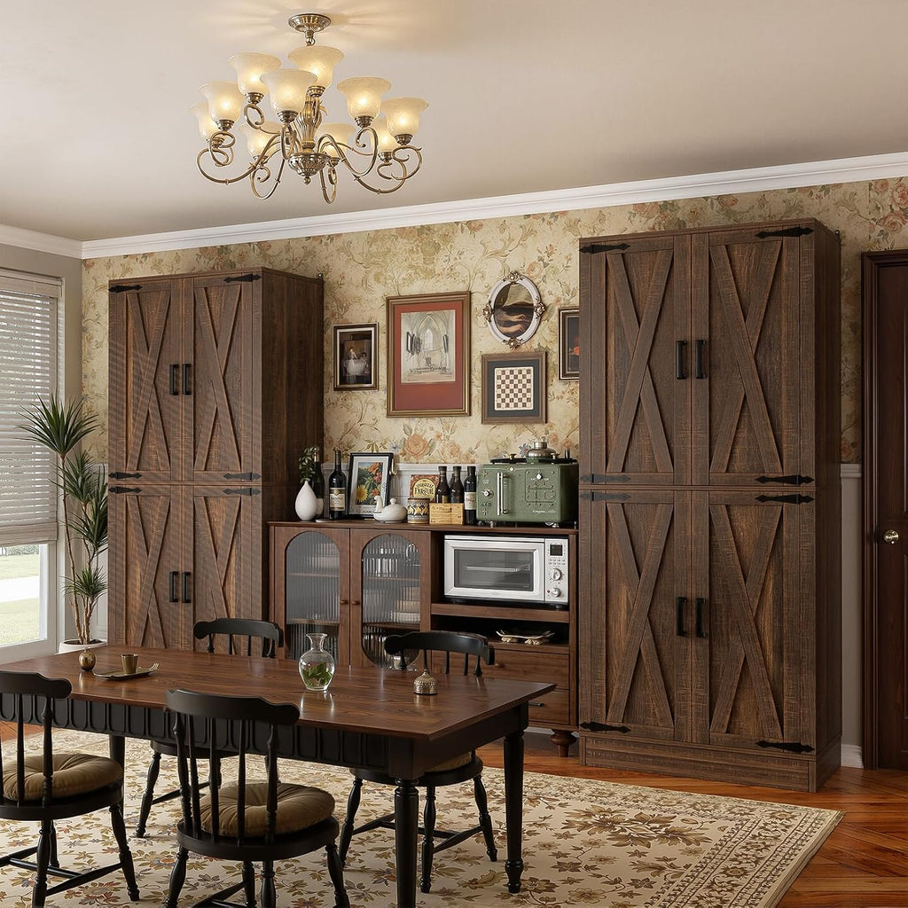 Unikito 71' Tall Kitchen Pantry Cabinet with Farmhouse Barn Doors and Storage Drawer, 8 Adjustable Shelves, Freestanding Cupboard for Dining Room, Living Room, Utility Room, Weathered Brown 2 Pack