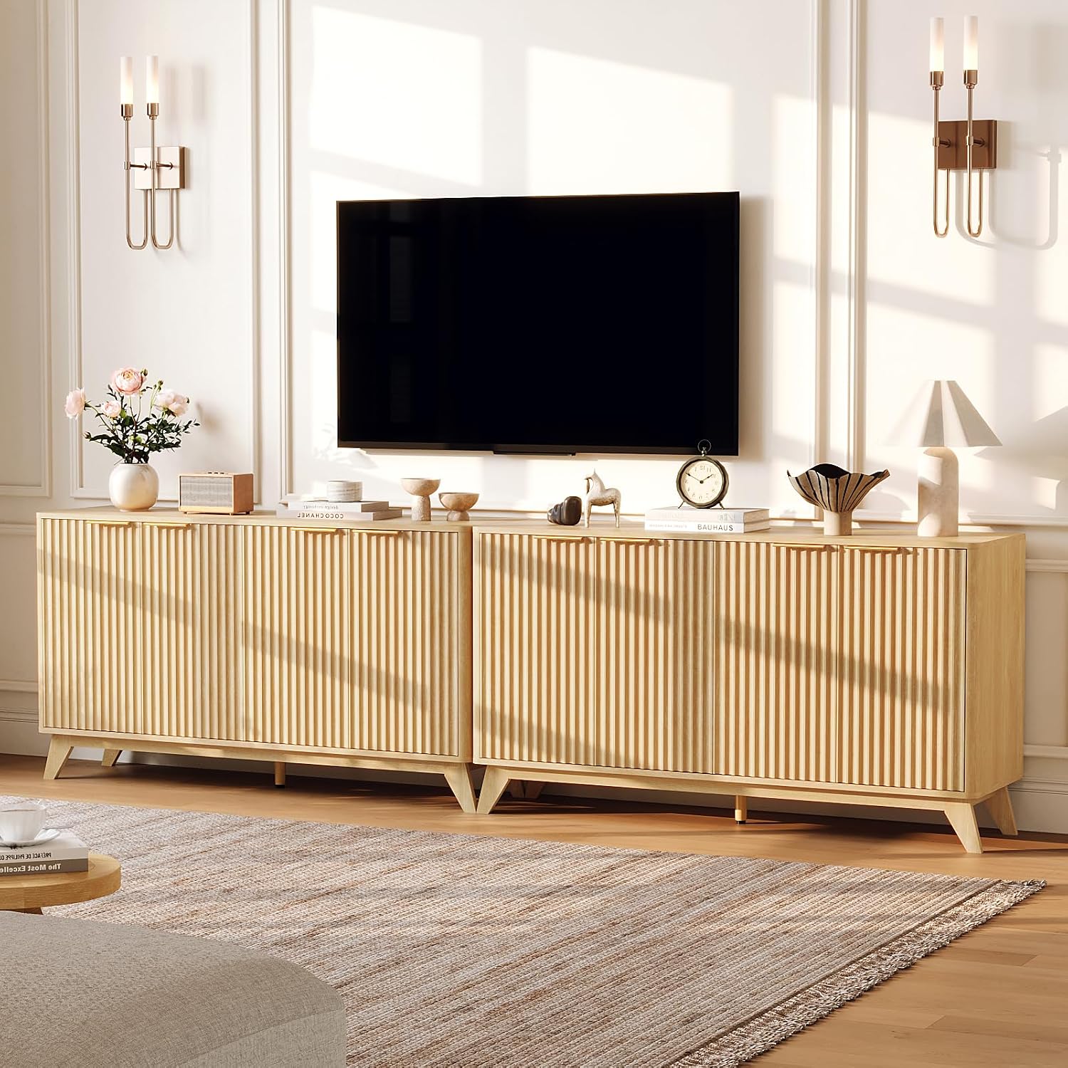 VINGLI 55' Buffet Cabinet with Storage, Fluted 4 Doors Sideboard Cabinet with Adjustable Shelves, Modern Storage Cabinet with Doors for Kitchen, Dining Room & Living Room, Natural Oak