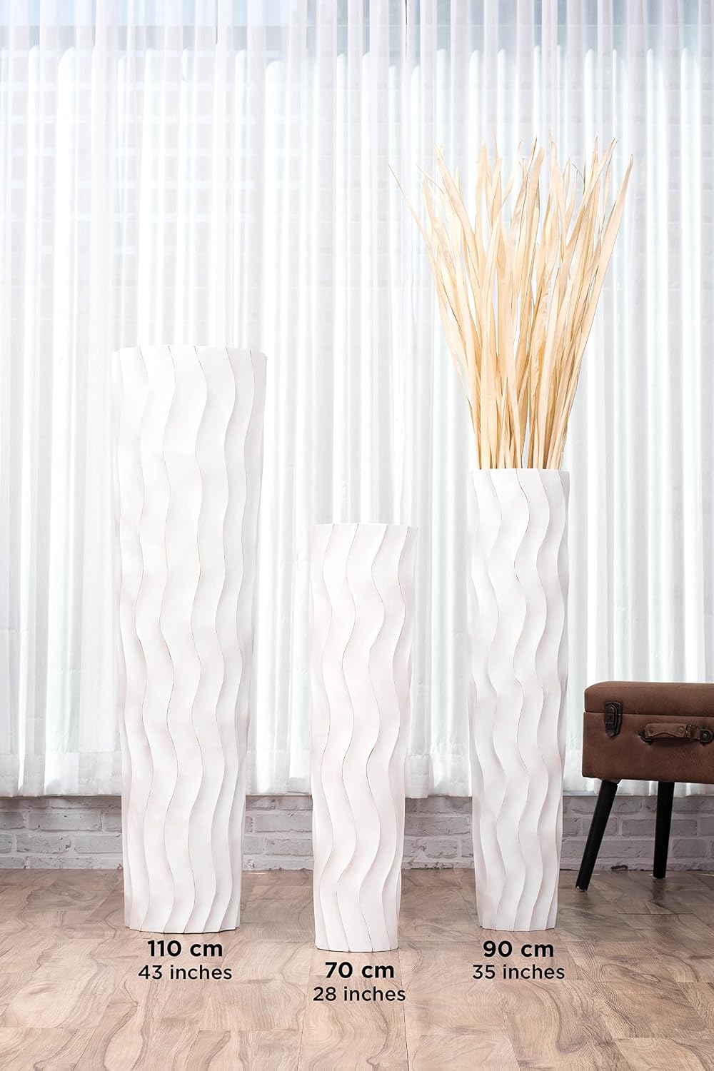Leewadee Large White Wash Home Decor Floor Vase – Wooden 36 inches Tall Farmhouse Decor Flower Holder for Fake Plant and Pampas Grass