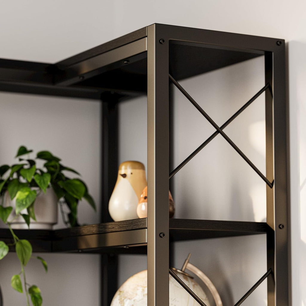 IRONCK Corner Bookshelf, 7-Tier Industrial Corner Bookcase, Tall Corner Shelf Storage Display Rack with Metal Frame for Living Room Home Office, Black