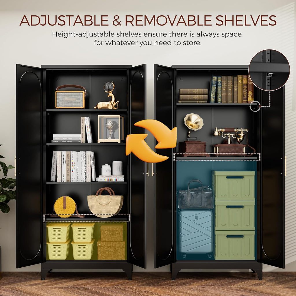 75' Tall Black Metal Storage Cabinet with Doors & Adjustable Shelves, Heavy-Duty Pantry Cabinet for Kitchen, Garage, Home Office, Living Room & School