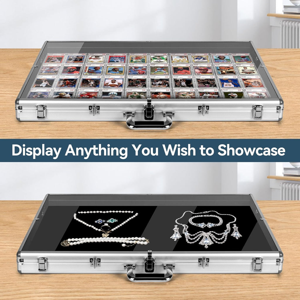 Trade Show Display Case, Aluminum and Acrylic Card Case with Lockable Hanger, Large Table Top Display Case for Sports Baseball PSA Graded MTG Cards, Collectibles, and Jewelry