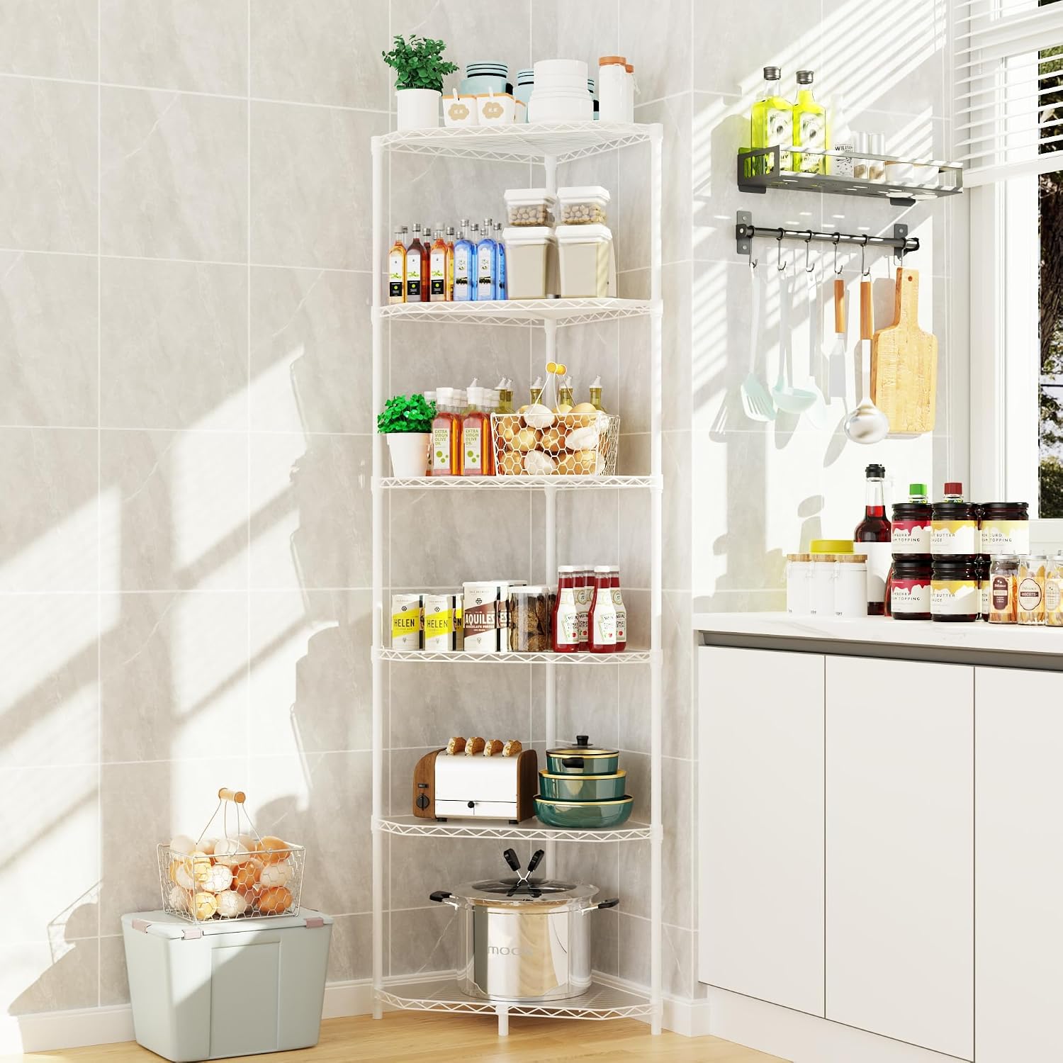 6 Tier NSF Storage Rack, 600lbs Capacity Metal Pentagonal Corner Wire Shelving Units with Adjustable Feet for Balcony, Kitchen, Bathroom 72' H x 20' L x 20' W White