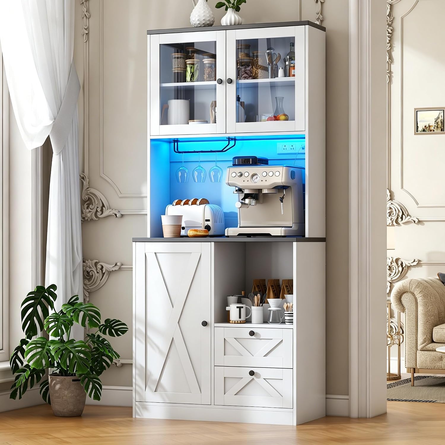 71' Tall Coffee Bar Cabinet with Storage Hutch, Farmhouse Kitchen Pantry Cabinet with LED Lights Microwave Stand and Glass Holder for Home Dining Room Kitchen,White