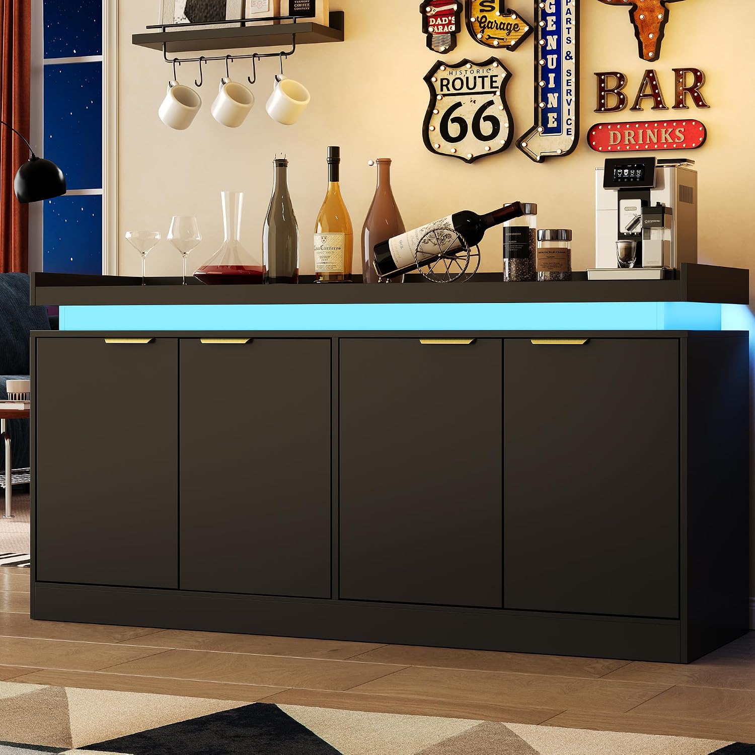 knoworld LED Sideboard Buffet Cabinet with Storage, 63'' Large Kitchen Buffet Cabinet Storage Cabinets with 4 Doors, Wood Coffee Bar Cabinets Buffet Table for Kitchen, Dining Room, Entryway