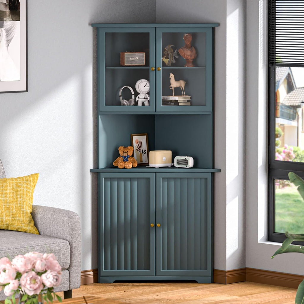MUPATER Tall Corner Cabinet with Doors and Shelves, 71'' Free Standing Corner Kitchen Hutch, Cabinet Storage for Living Room, Bathroom, Kitchen with Countertop, Blue