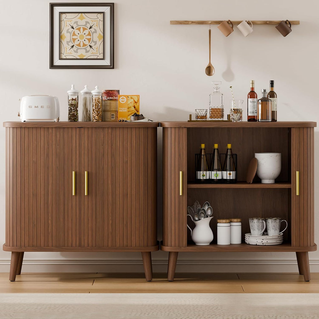 Lulive Walnut Buffet Cabinet, Sideboard Buffet Storage Cabinet with Rolling & Sliding Doors, Modern Bar Cabinet for Kitchen & Dining Room