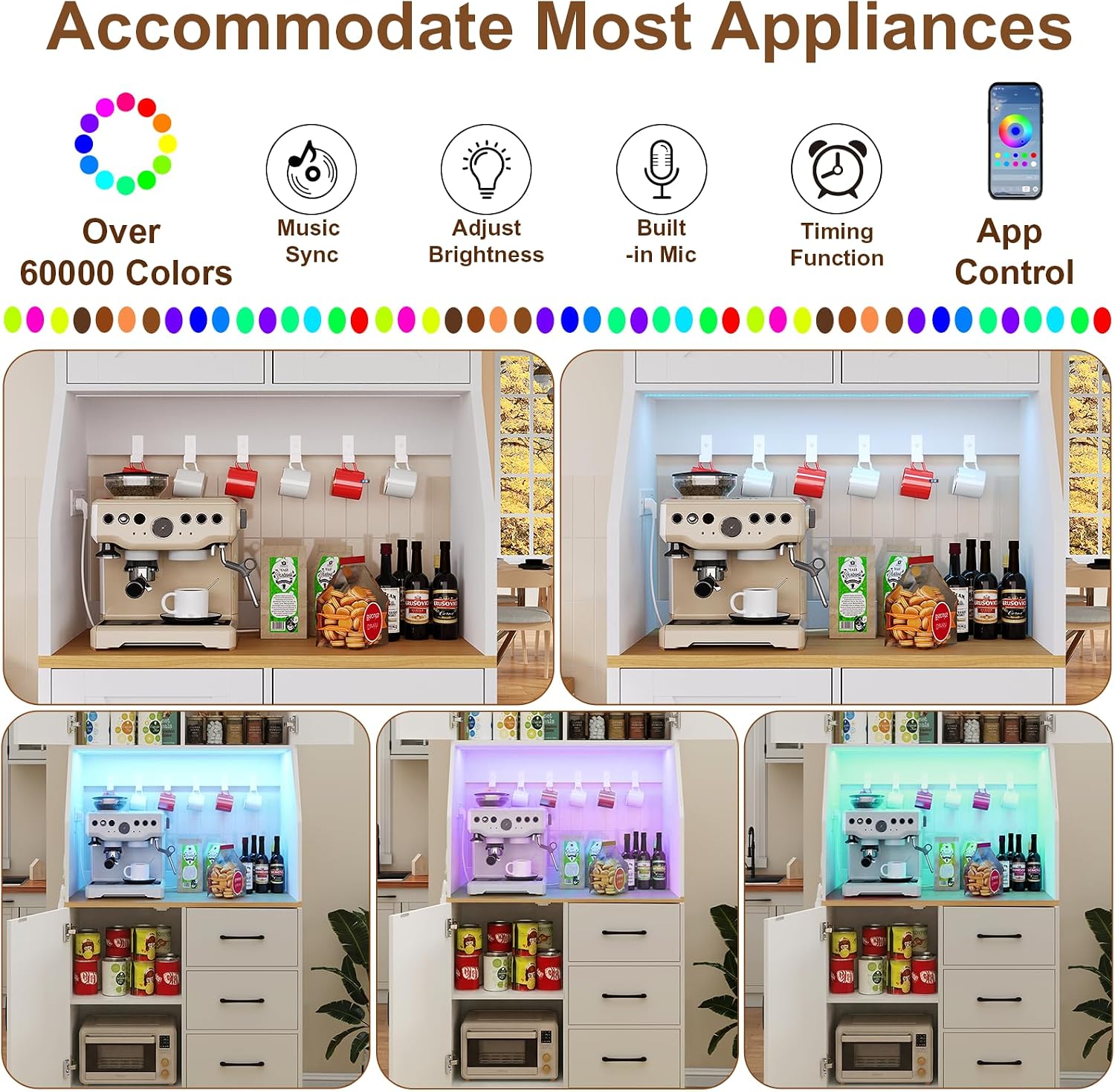 DreamDashio Pantry Cabinet with Adjustable Shelves and 3 Drawers, Tall Kitchen Pantry Storage Cabinet with LED Light & Charging Station, Kitchen Hutch with Microwave Shelf & 6 Hooks for Dining Room