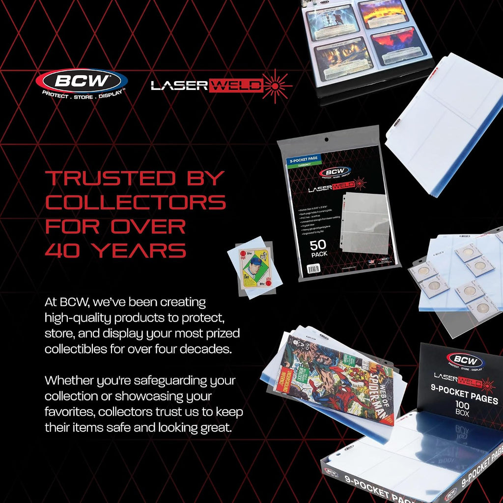 BCW LaserWeld 9 Pocket Pages - 500 Page Pack | Glass-Like Clear Flat Lay | Premium Ultra Flat and Clear Pocket Pages for Cards | Trading Card Binder Sleeves for Pokemon, MTG, Baseball, Basketball