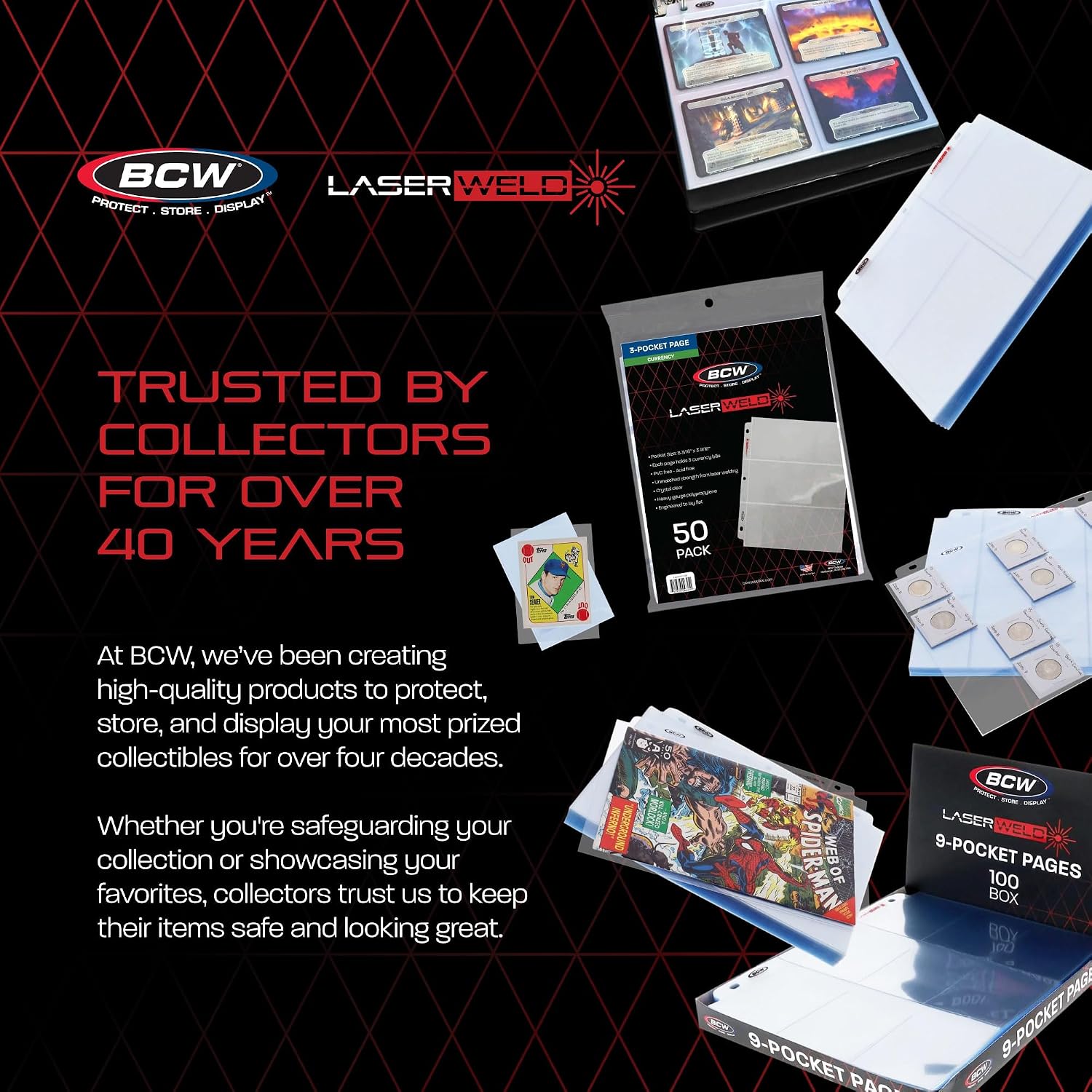 BCW LaserWeld 9 Pocket Pages - 500 Page Pack | Glass-Like Clear Flat Lay | Premium Ultra Flat and Clear Pocket Pages for Cards | Trading Card Binder Sleeves for Pokemon, MTG, Baseball, Basketball
