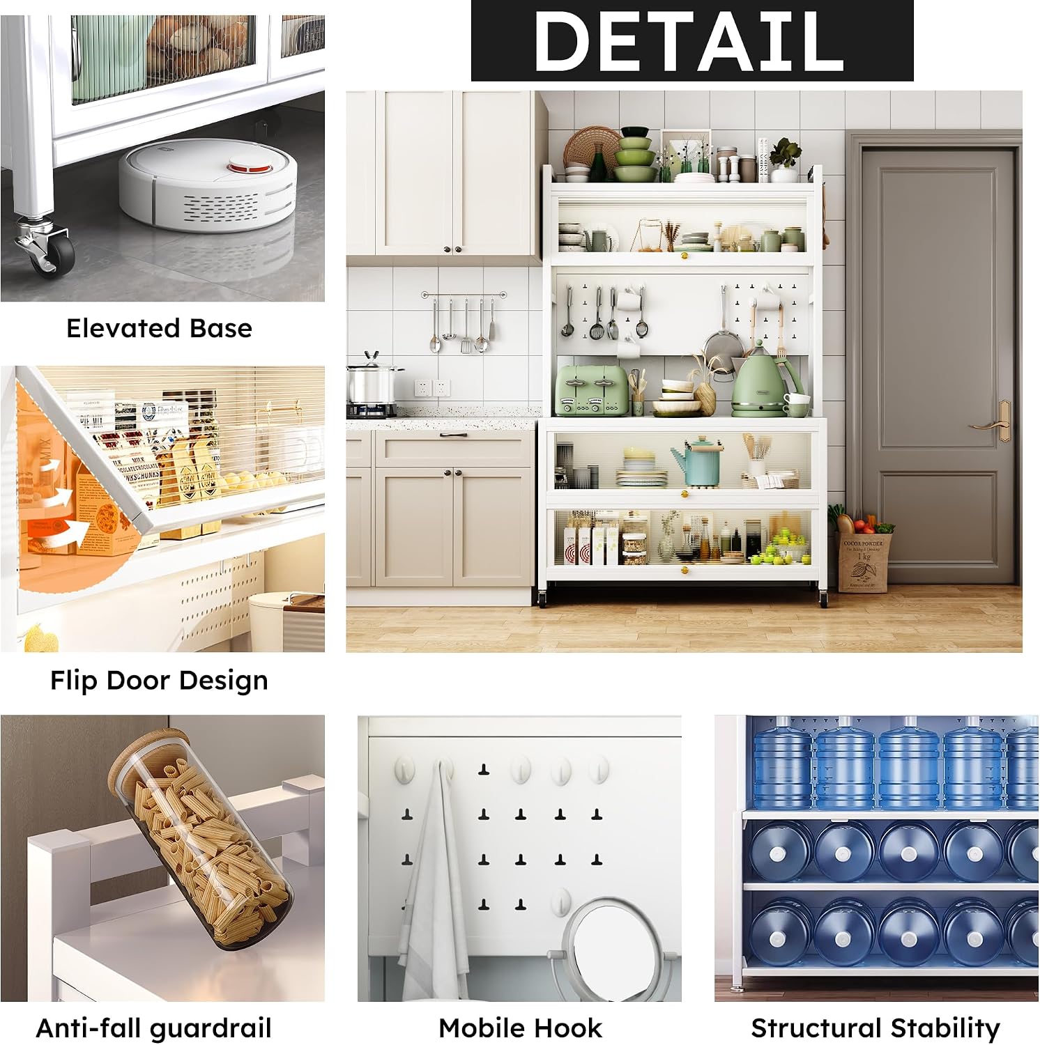 65'' Tall Kitchen Bakers Rack with Flip Door Cabinet, 5 Tier Multifunctional Microwave Stand Buffet, Coffee Bar, Kitchen Pantry Storage Cabinet Shelf, Quick Assembly, White