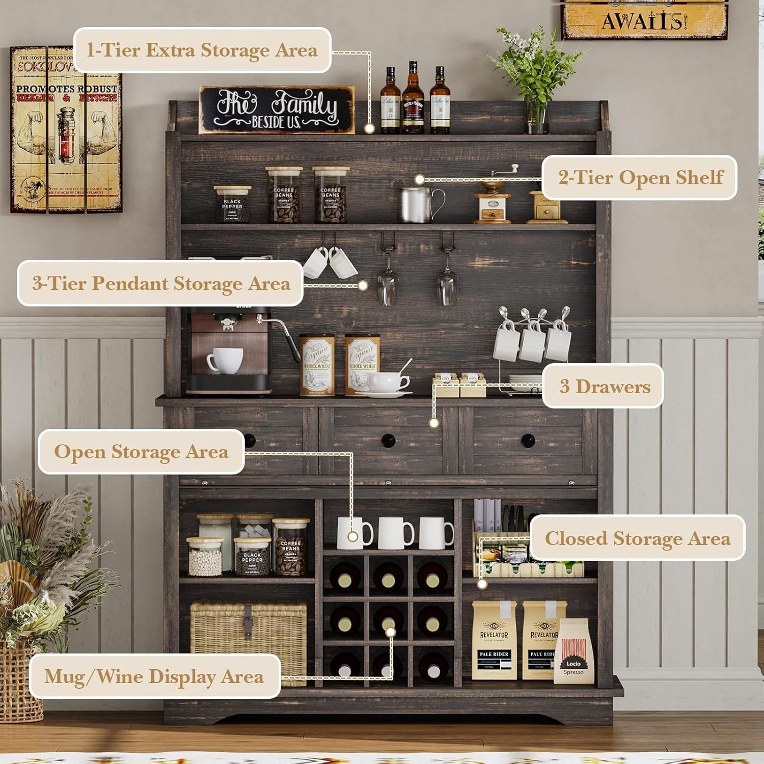 REVOMINCA 63 Inch Tall Coffee Bar Cabinet with 3-Tier, Kitchen Hutch with 3 Large Drawers, Farmhouse Coffee Bar with 9 Wine Racks & 3 Glass Holders, Wine Storage Cabinet for Living Dining Room, Oak