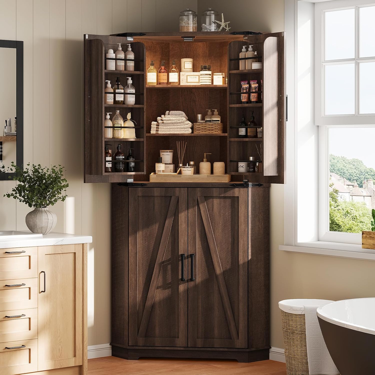 Dripex 71' Corner Cabinet Brown, Farmhouse Kitchen Pantry Cabinet with Doors Storage & Adjustable Shelves, Tall Corner Storage Cabinet with LED Light, Food Pantry for Living Room, Dining Room