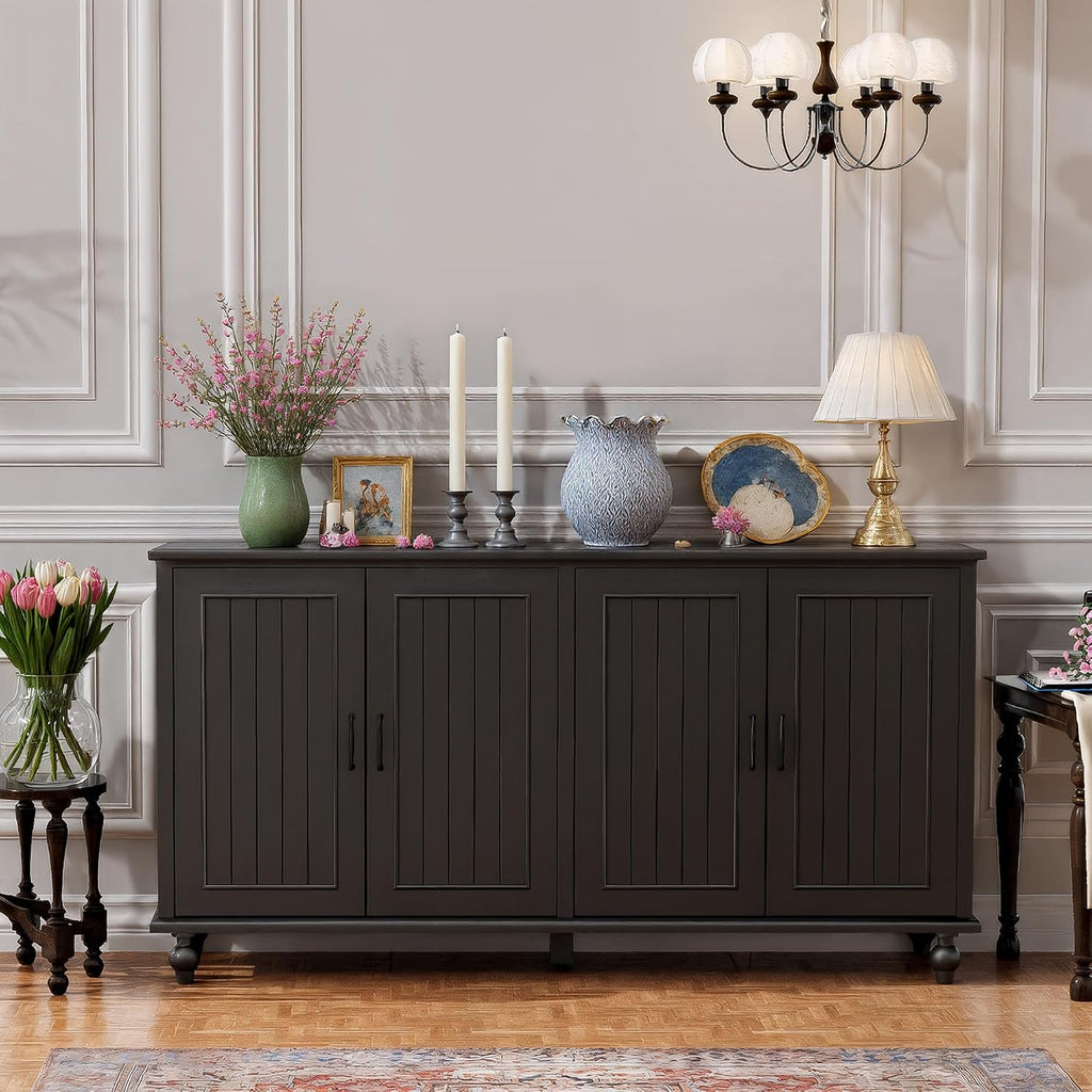 Scurrty 62'' Coffee Bar Cabinet Kitchen with Storage, Buffet Cabinet with Storage, Sideboard Buffet for Dinning Room, Kitchen & Living Room (4 Doors, Black)