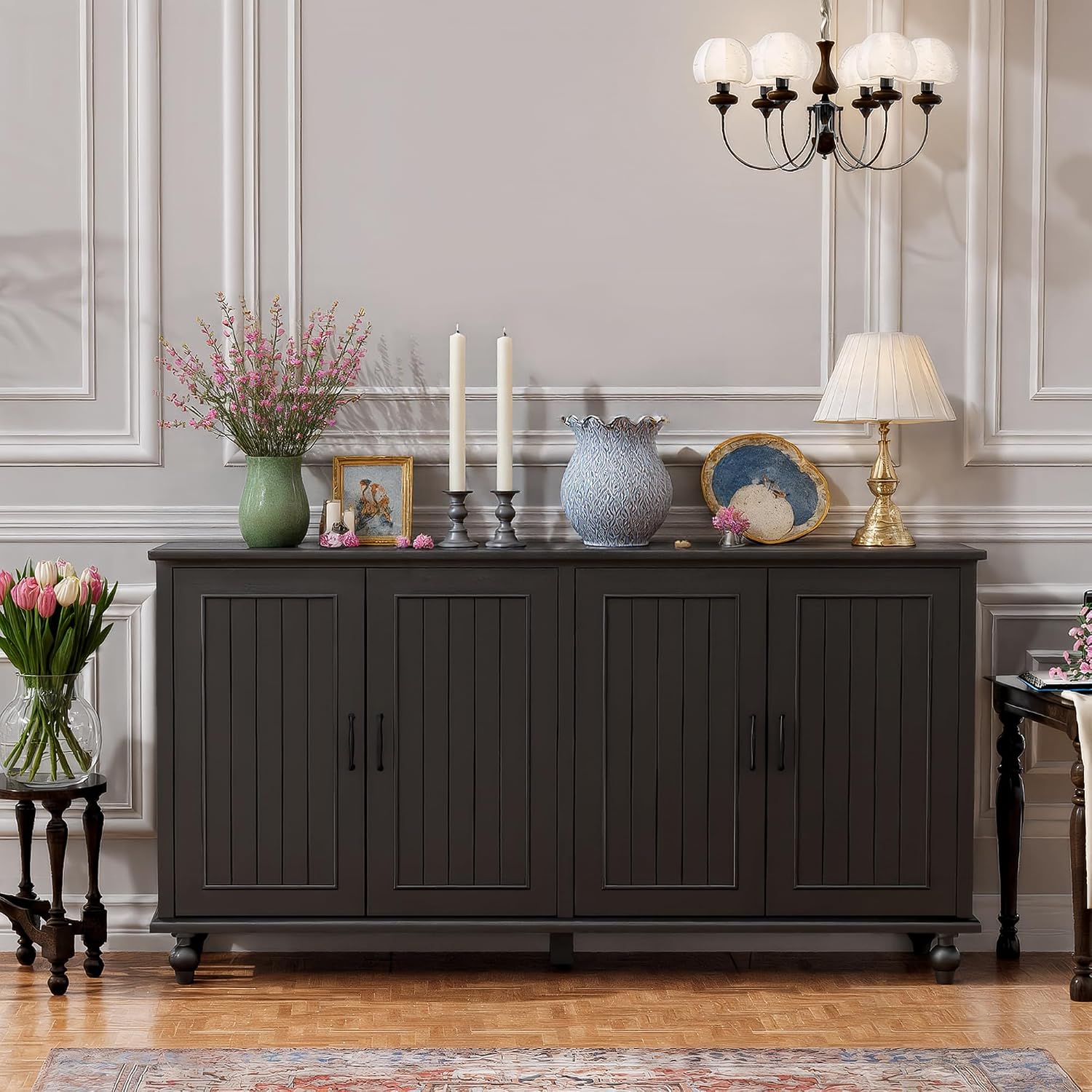 Scurrty 62'' Coffee Bar Cabinet Kitchen with Storage, Buffet Cabinet with Storage, Sideboard Buffet for Dinning Room, Kitchen & Living Room (4 Doors, Black)