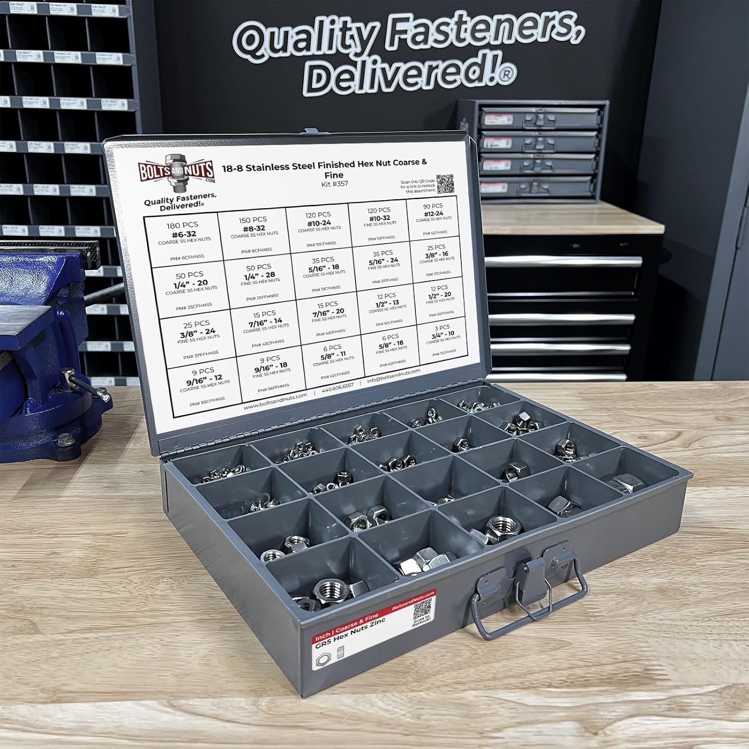 Stainless Steel Finished Hex Nut Coarse & Fine Assortment - 968 Pieces