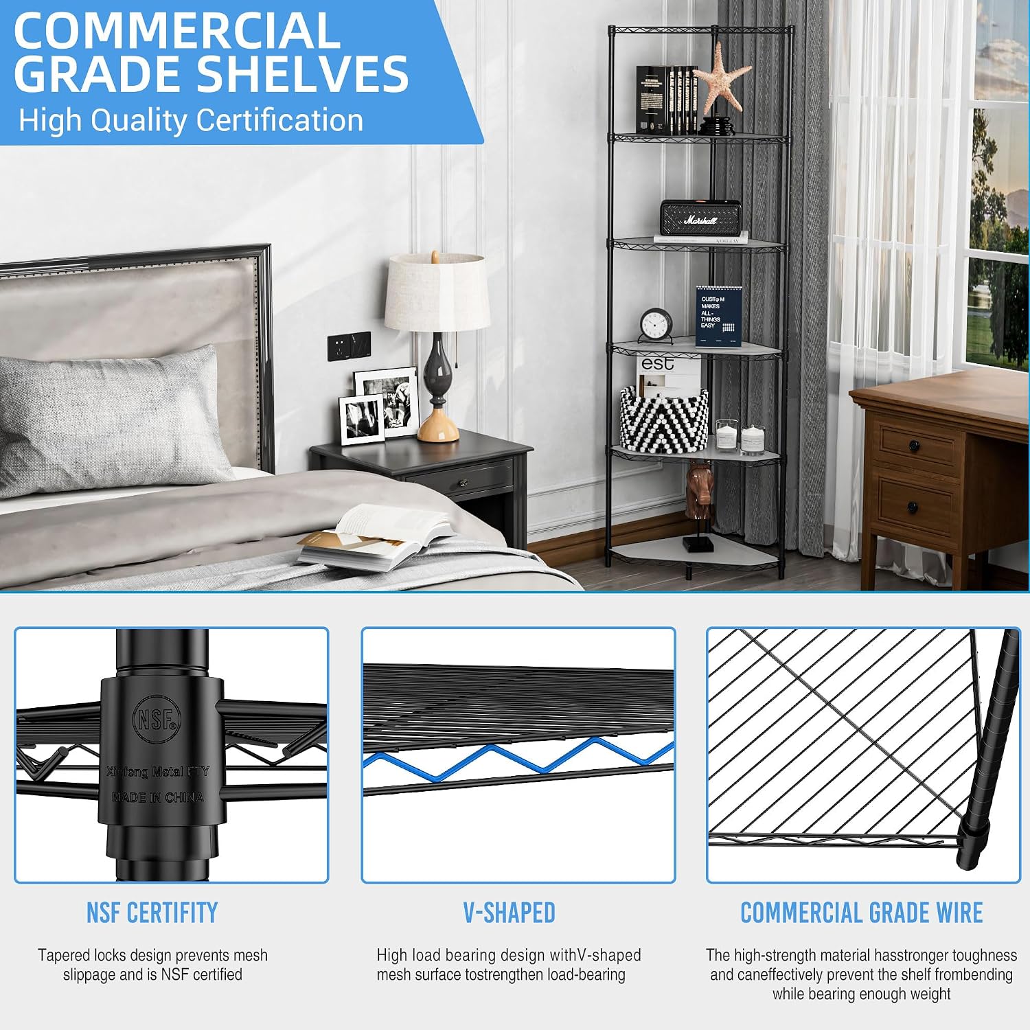 Pentagonal Corner Storage Rack, 6 Tier Metal Corner Shelf Wire Shelving Unit, 600lbs Capacity, NSF, Adjustable Height, Leveling Feet and Liners, Ideal for Bathroom, Kitchen, 72'H x 20'L x 20'W Black
