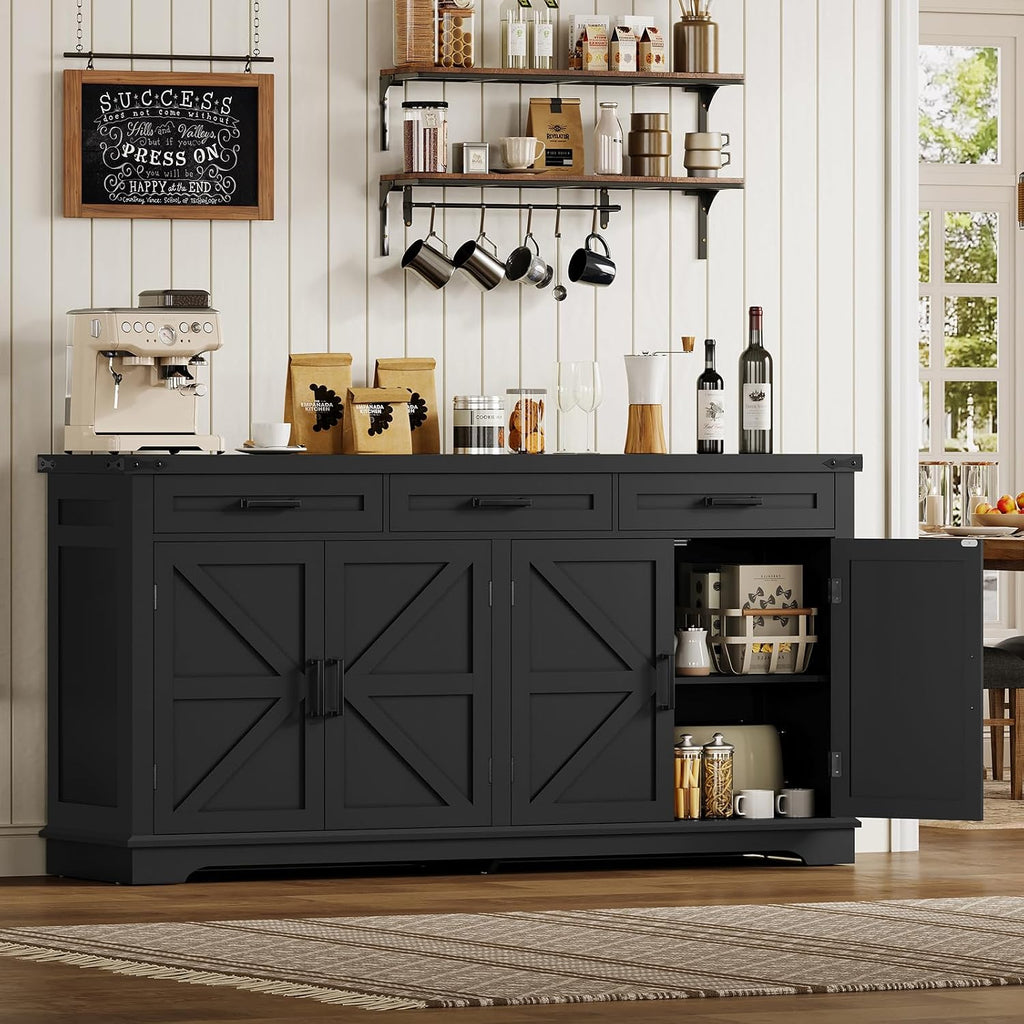 usikey Buffet Cabinet, 61' Large Sideboard Buffet Storage Cabinet with 3 Drawers, Farmhouse Coffee Bar with 4 Doors, for Kitchen, Living Room, Black