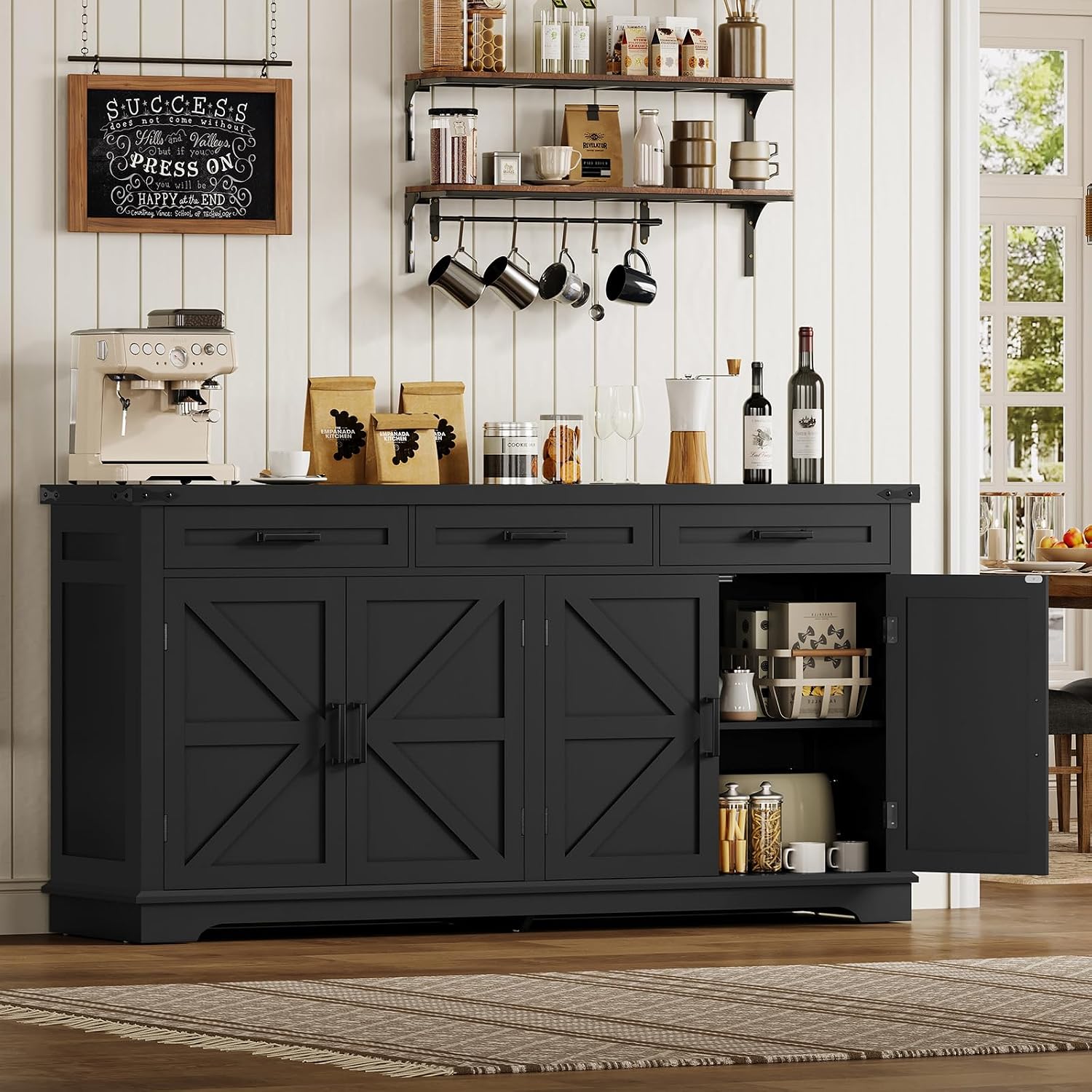 usikey Buffet Cabinet, 61' Large Sideboard Buffet Storage Cabinet with 3 Drawers, Farmhouse Coffee Bar with 4 Doors, for Kitchen, Living Room, Black